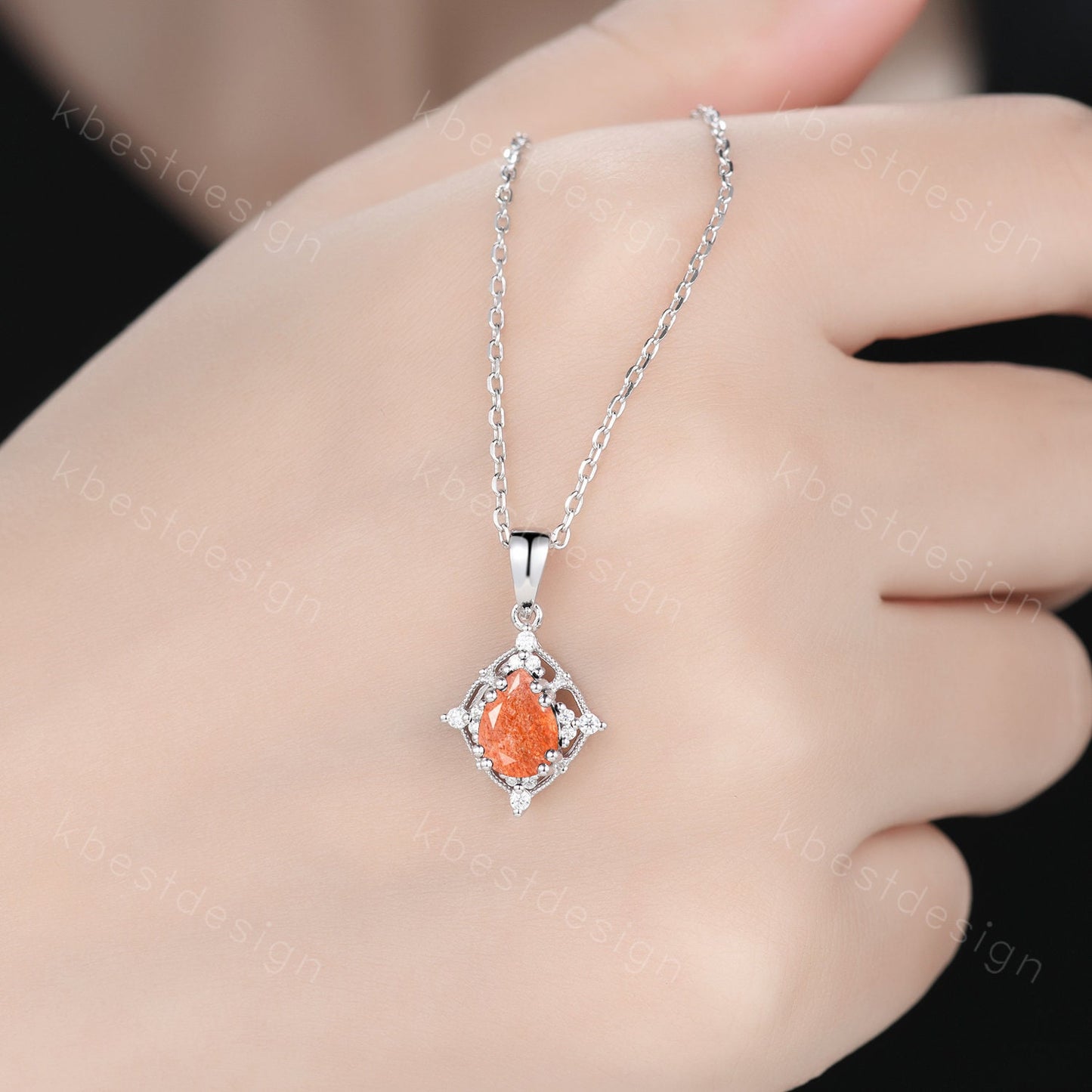 Pear cut Sunstone Necklace Antique Art Deco Moissanite Pendant Necklace Gothic Black Gold Necklace for Women Birthday/Promise Gift for Her