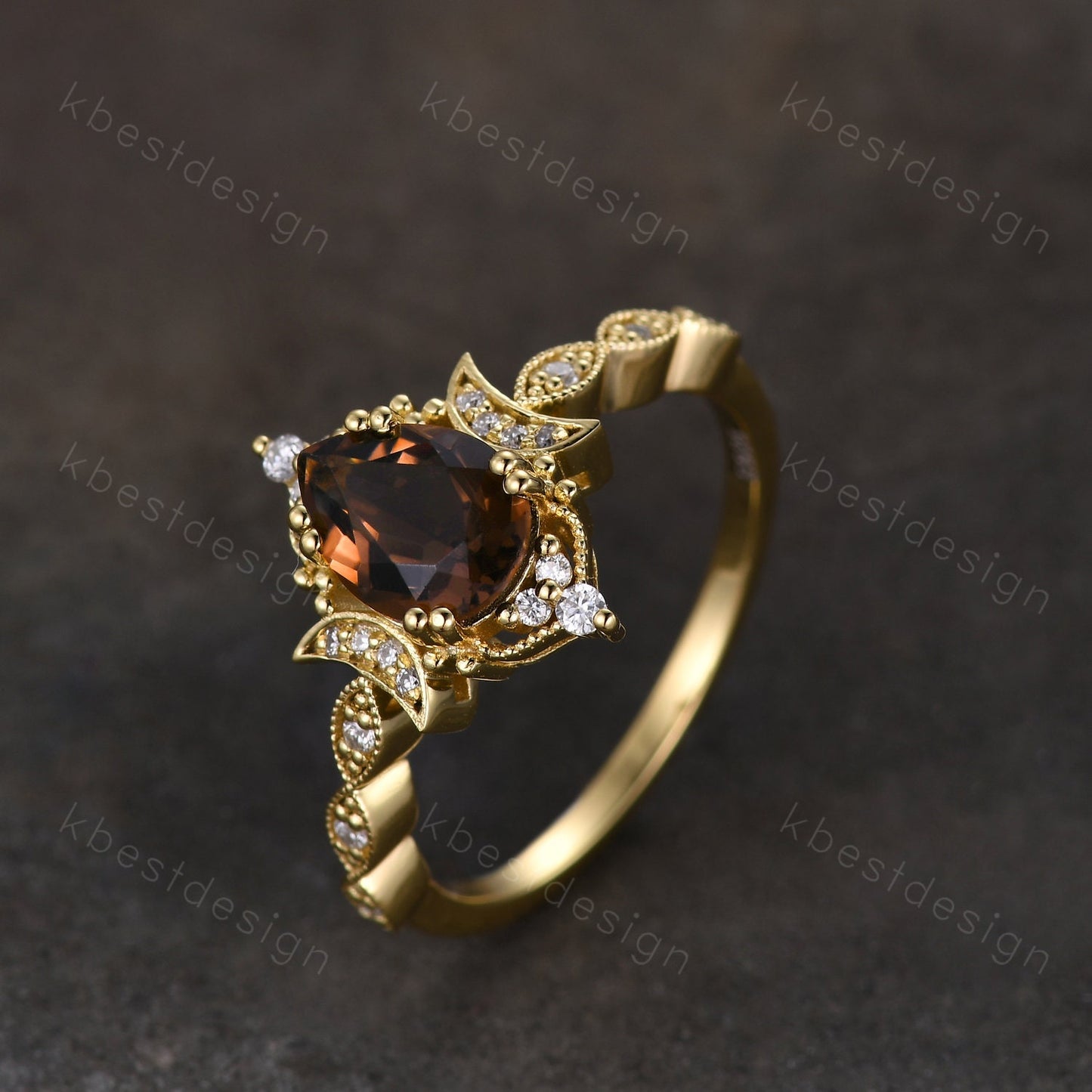 Vintage Smoky Quartz Engagement Ring Yellow Gold Pear cut Brown Quartz Ring Unique Moon Goddess Ring Art Deco Moissanite Bridal Promise Ring