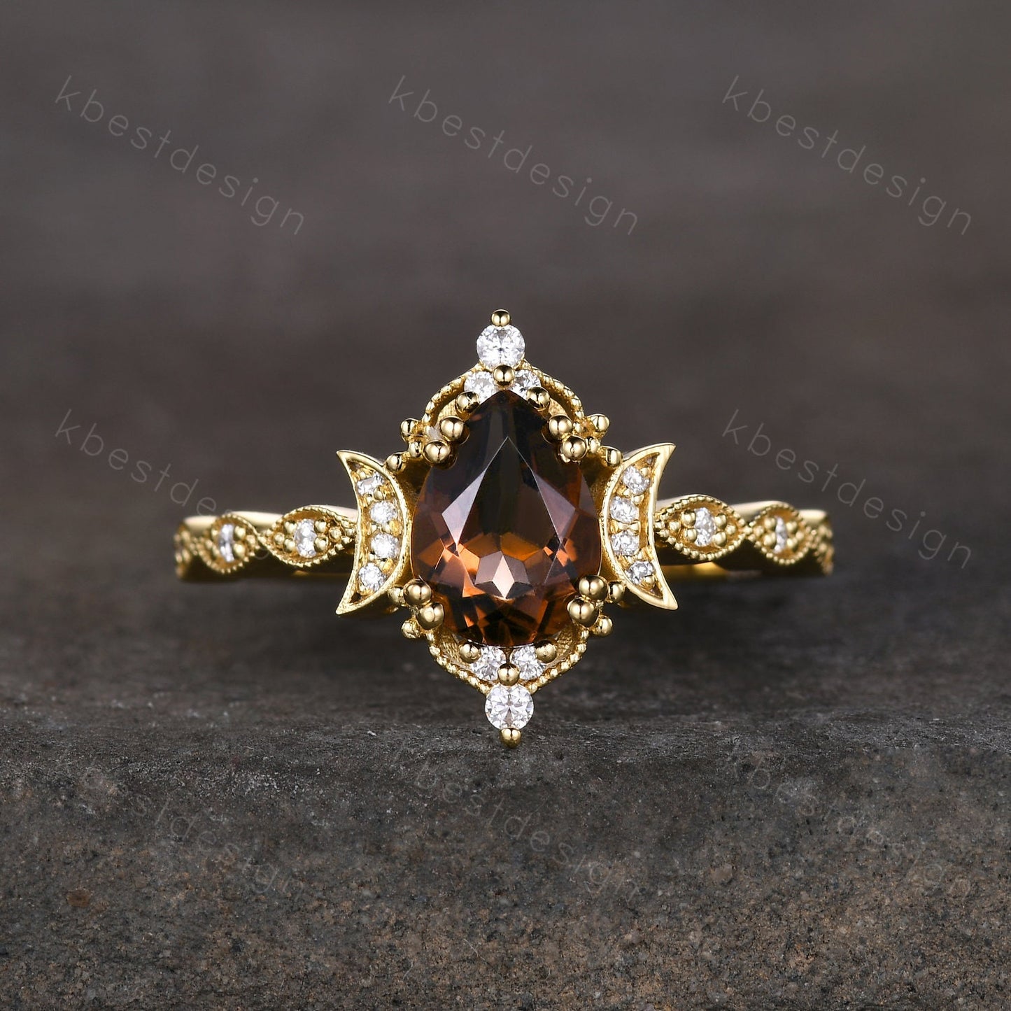 Vintage Smoky Quartz Engagement Ring Yellow Gold Pear cut Brown Quartz Ring Unique Moon Goddess Ring Art Deco Moissanite Bridal Promise Ring