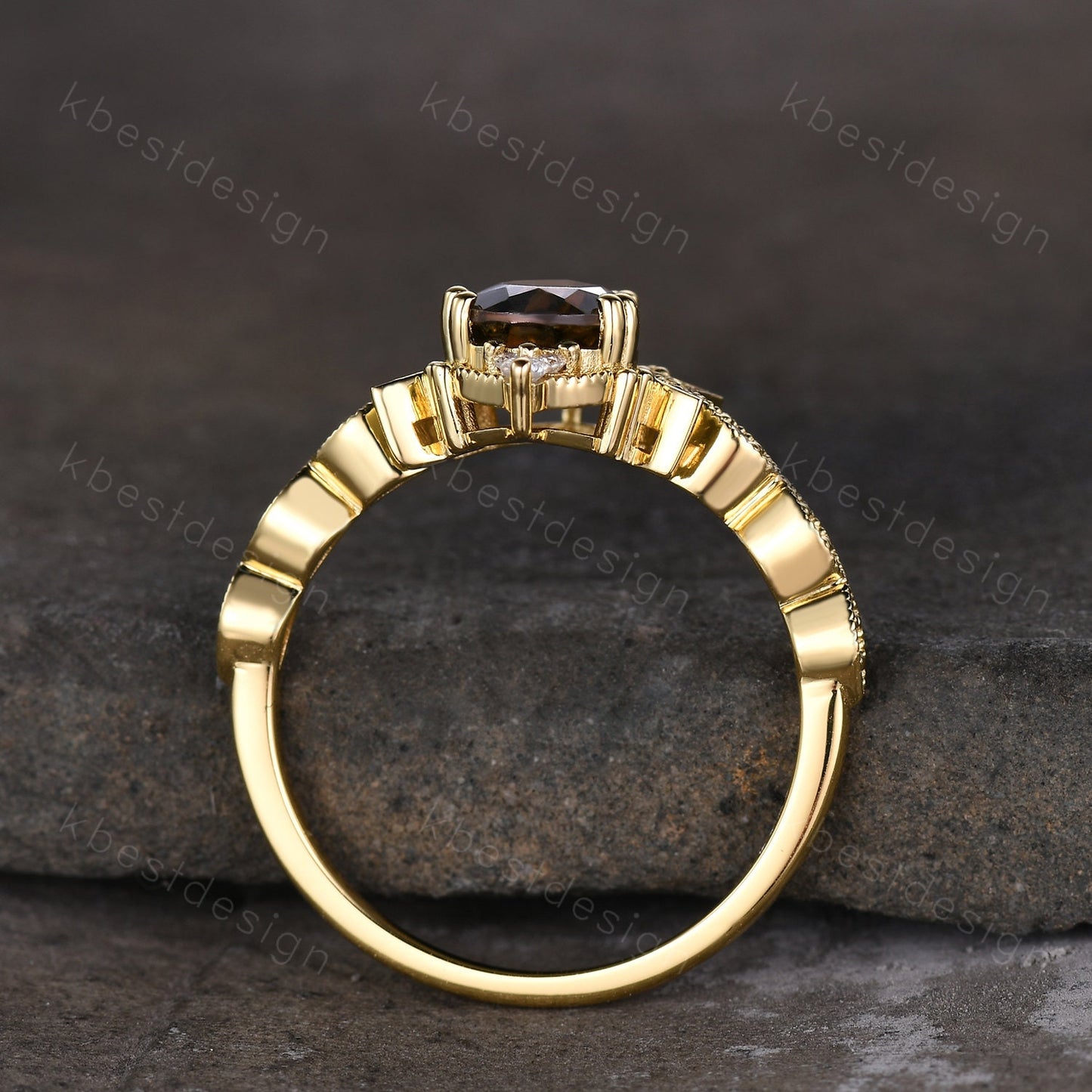 Vintage Smoky Quartz Engagement Ring Yellow Gold Pear cut Brown Quartz Ring Unique Moon Goddess Ring Art Deco Moissanite Bridal Promise Ring