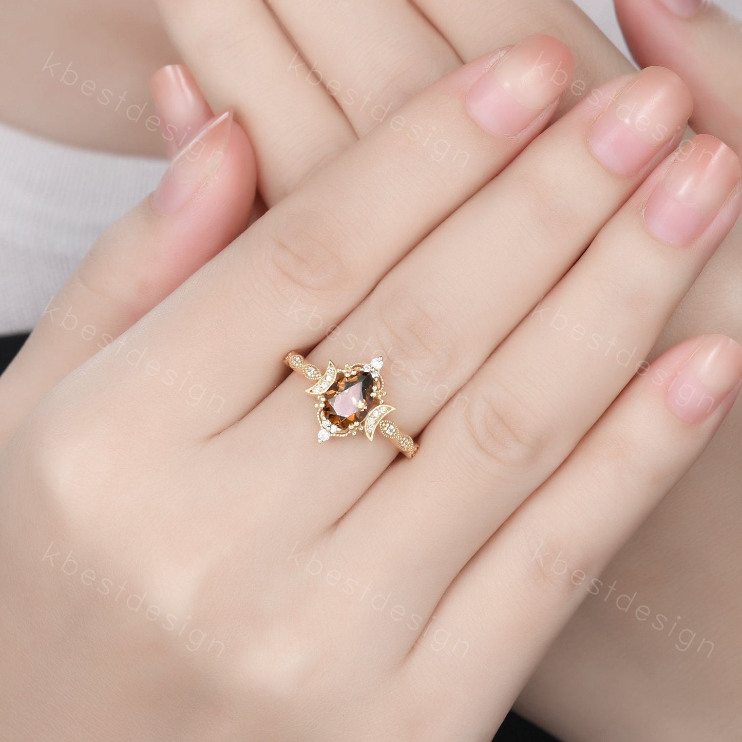 Vintage Smoky Quartz Engagement Ring Yellow Gold Pear cut Brown Quartz Ring Unique Moon Goddess Ring Art Deco Moissanite Bridal Promise Ring