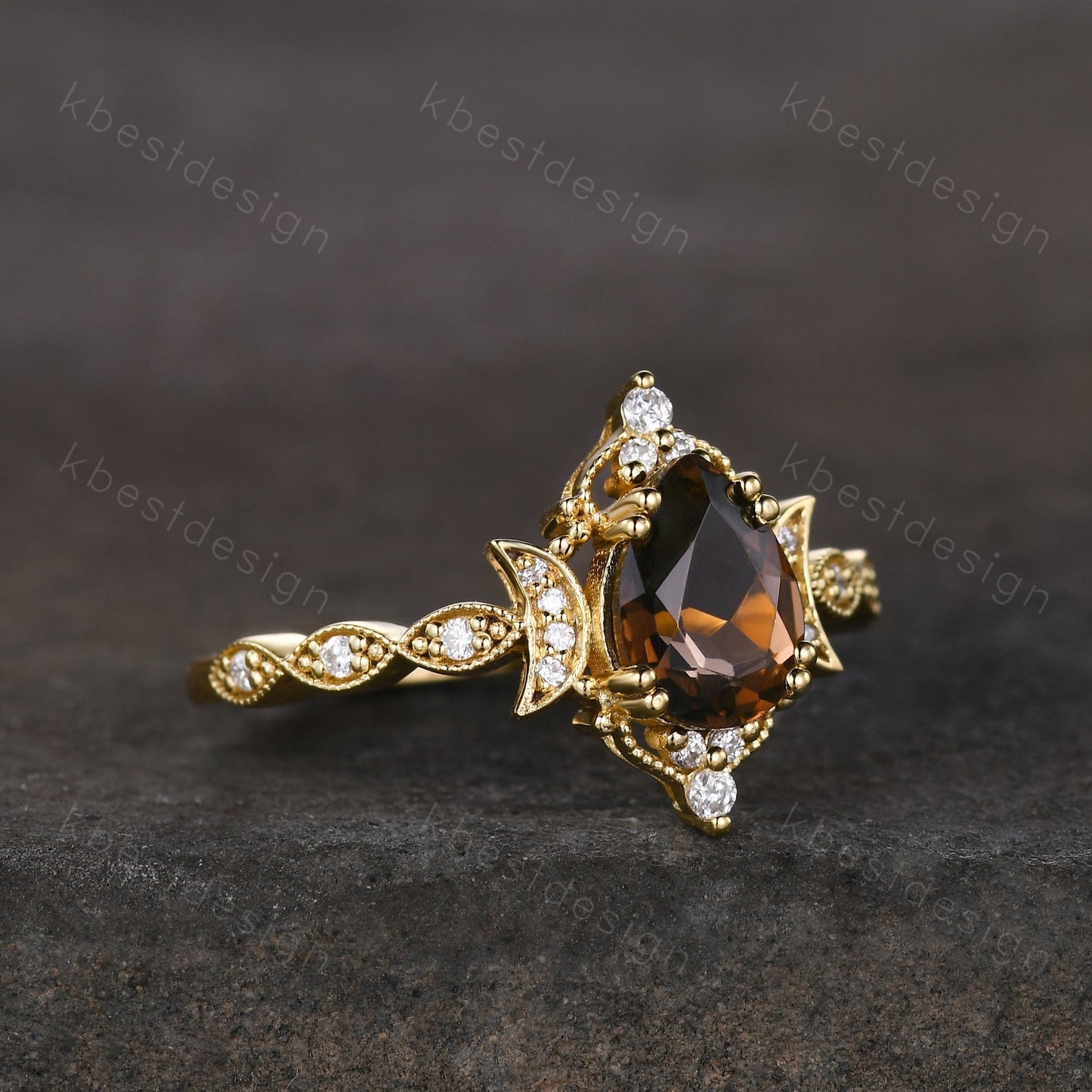 Vintage Smoky Quartz Engagement Ring Yellow Gold Pear cut Brown Quartz Ring Unique Moon Goddess Ring Art Deco Moissanite Bridal Promise Ring