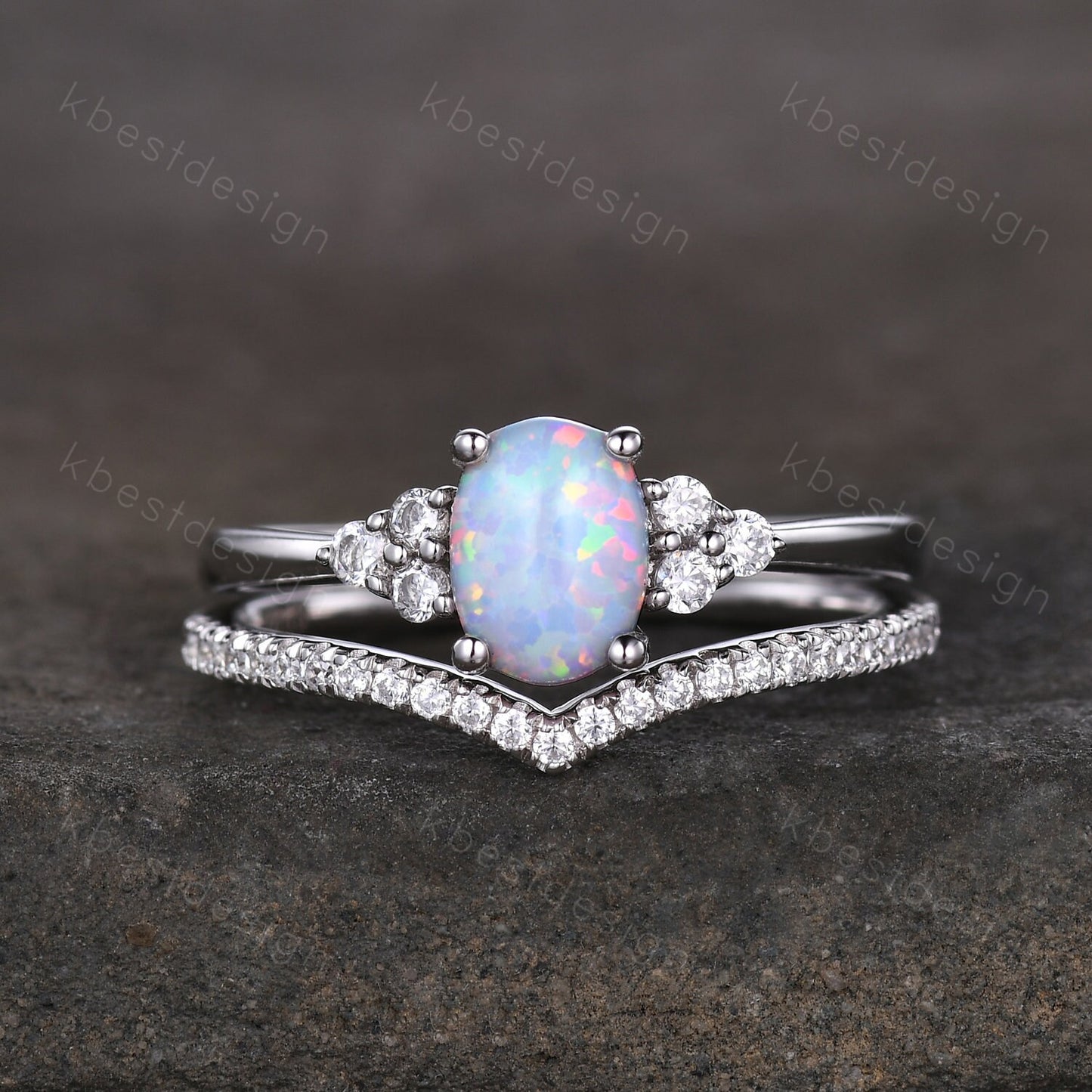 Dainty opal engagement ring set oval cut white fire opal bridal ring set curve stacking band opal jewelry unique moissanite wedding ring set