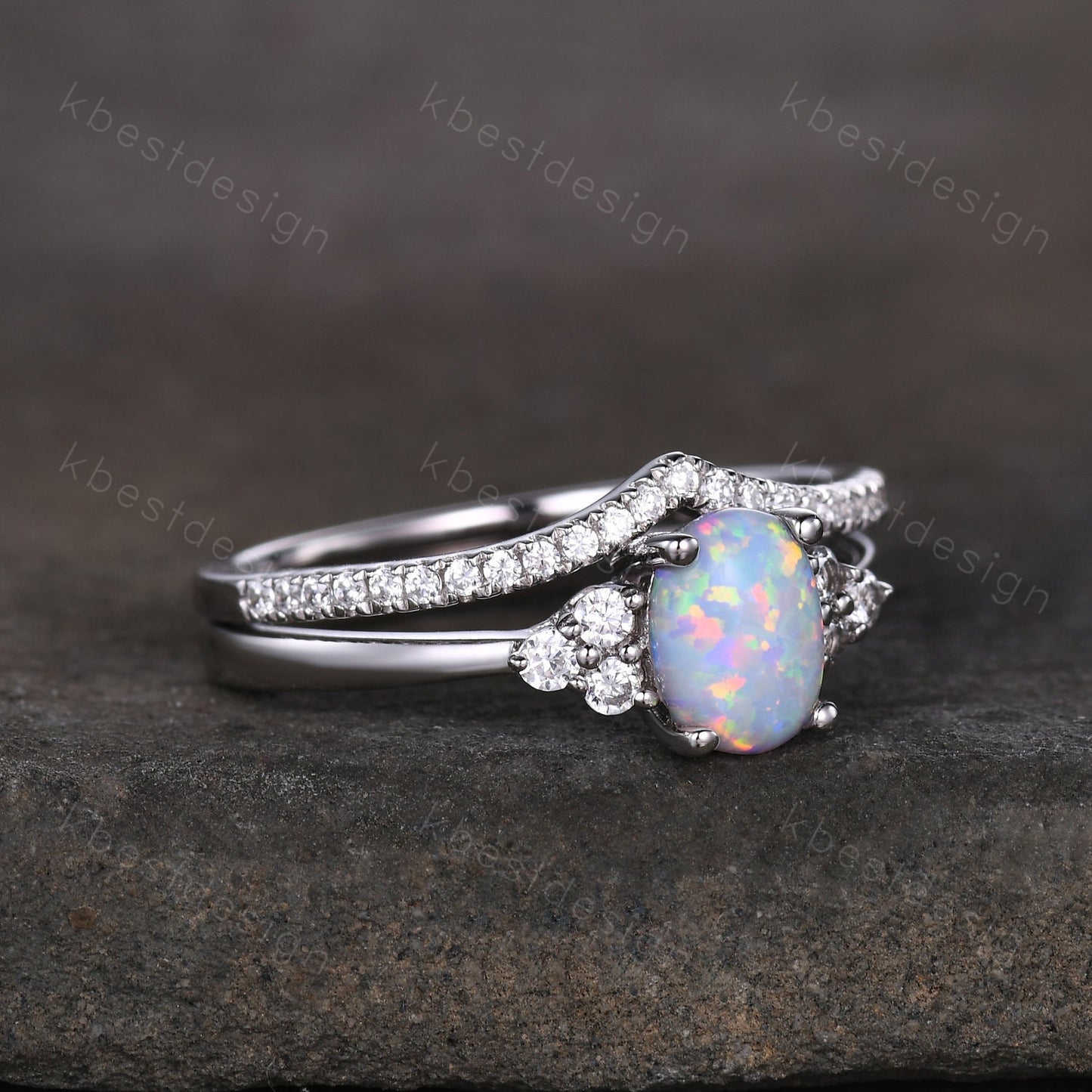 Dainty opal engagement ring set oval cut white fire opal bridal ring set curve stacking band opal jewelry unique moissanite wedding ring set