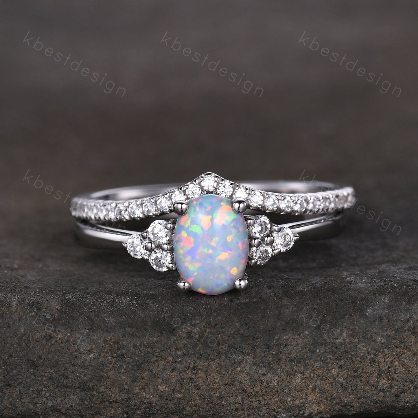 Dainty opal engagement ring set oval cut white fire opal bridal ring set curve stacking band opal jewelry unique moissanite wedding ring set