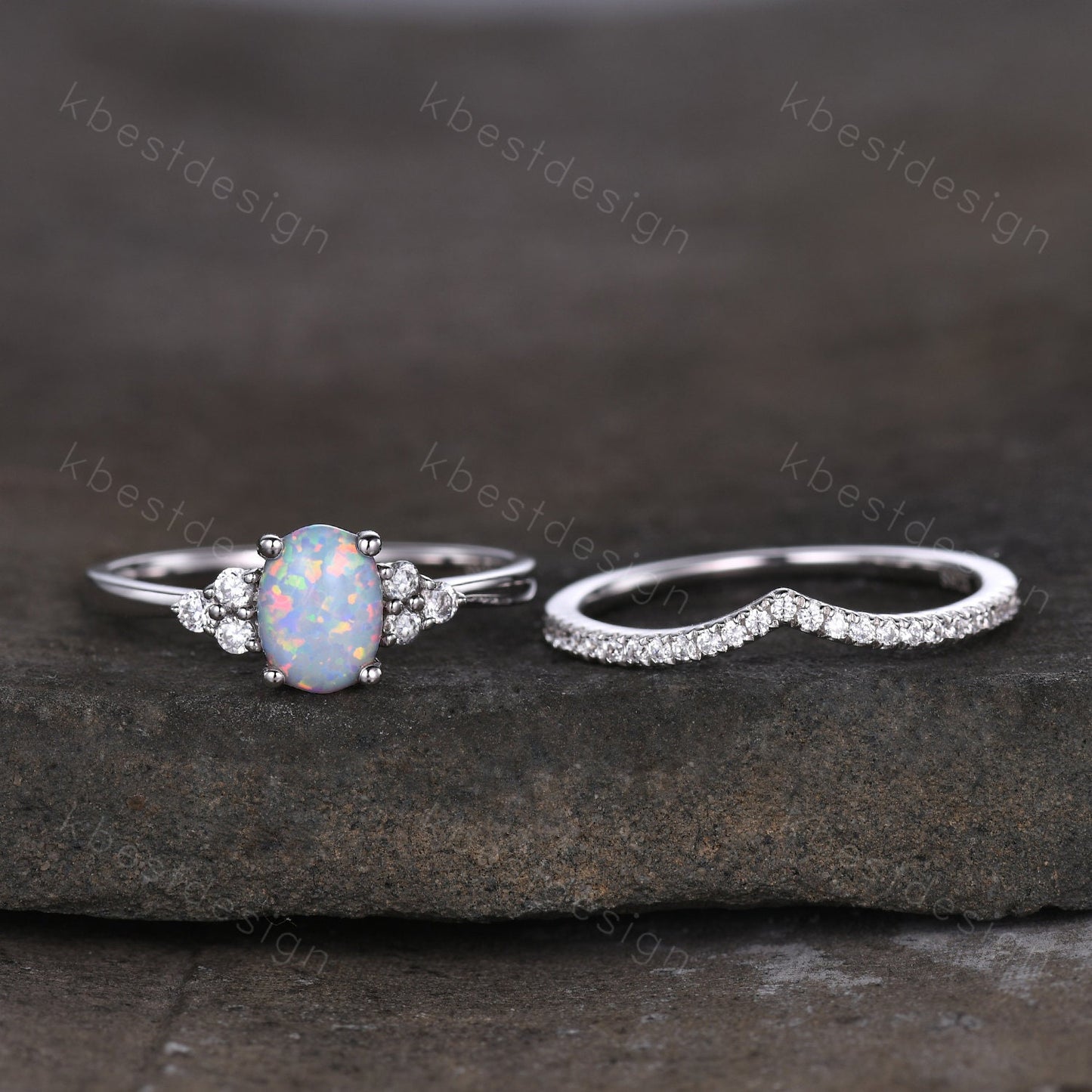 Dainty opal engagement ring set oval cut white fire opal bridal ring set curve stacking band opal jewelry unique moissanite wedding ring set