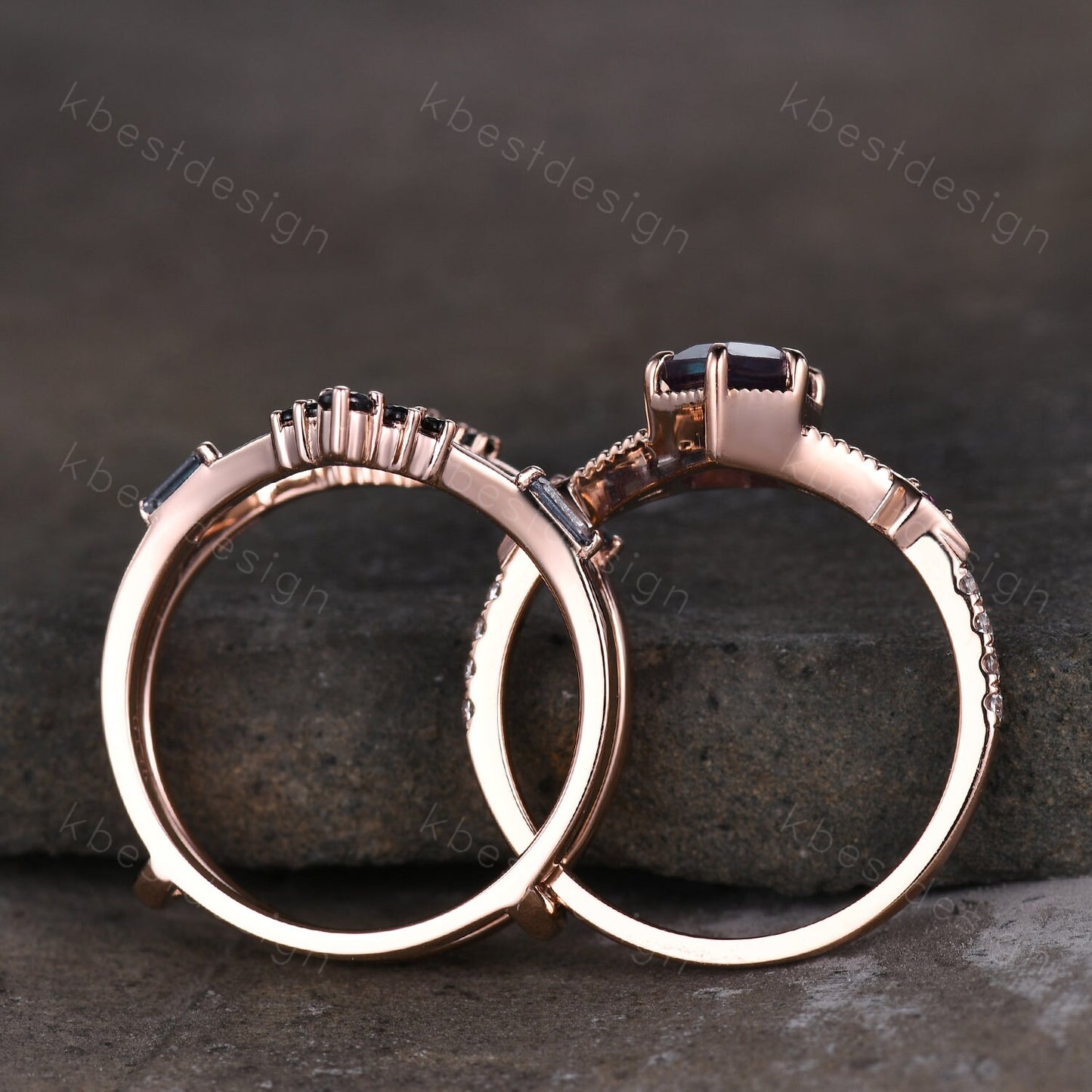 Antique Alexandrite Engagement Ring Set Hexagon cut Engagement Ring Unique Art Deco Black Spinel Stacking Matching Band Bridal Promise Set