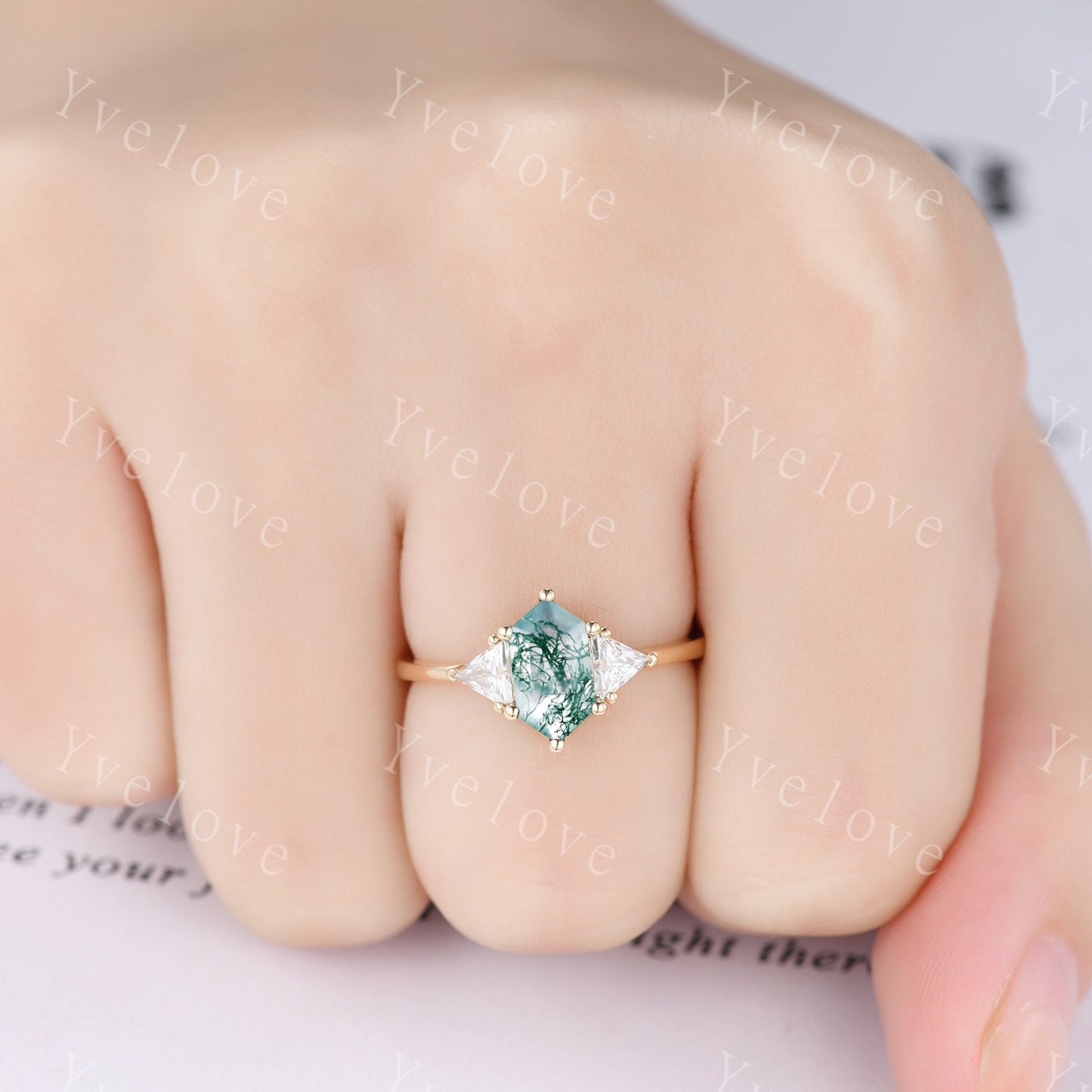 Retro hexagon cut Moss Agate Ring,Vintage Moissanite Gold Ring,Unique Engagement Ring Set,Baguette Aquamarine Promise Ring,Bridal Ring Gift