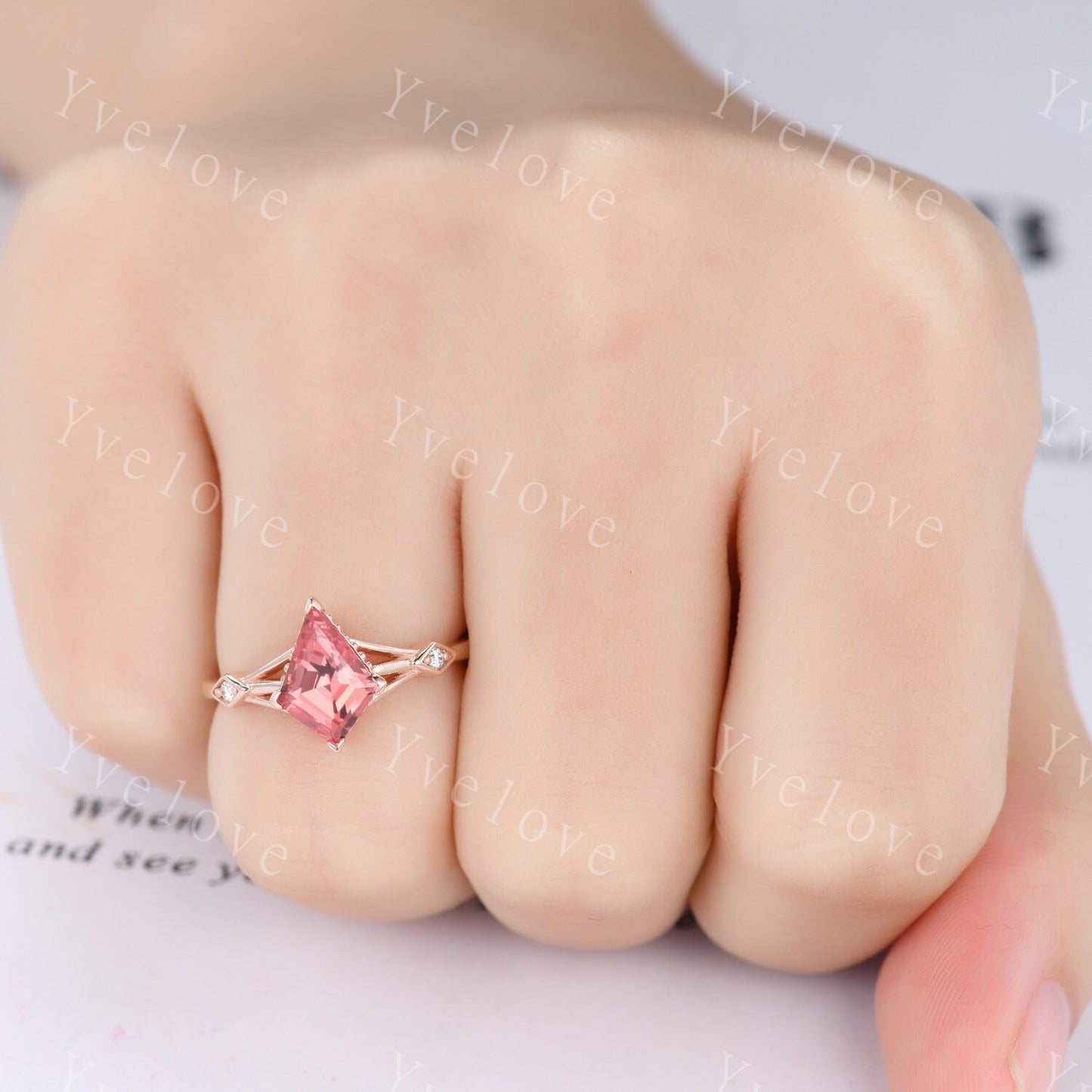 Art Deco Padparadscha Sapphire Ring,Vintage Bridal Set,Unique Kite Shaped Sapphire Engagement Ring Promise Ring,Anniversary Gift For Her