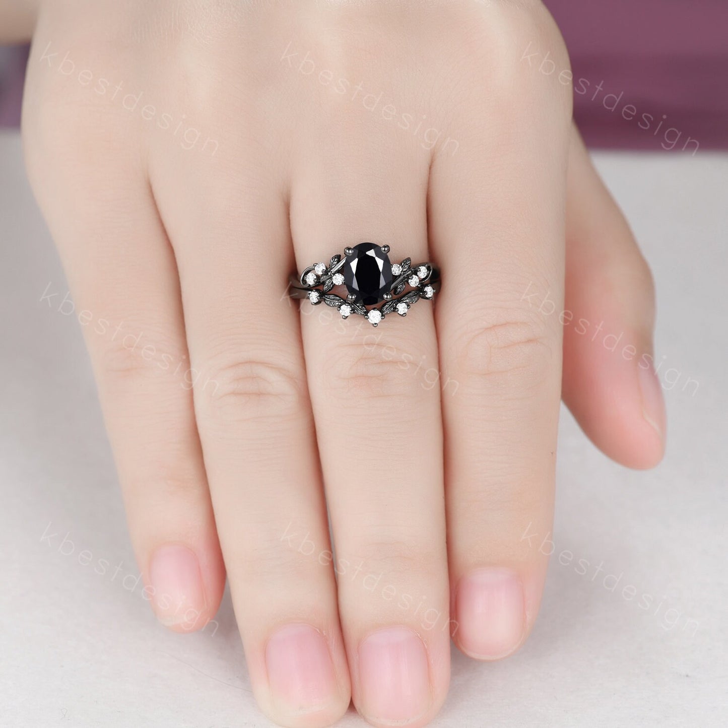 Gothic Black Gold Black Onyx Engagement Ring Set Twig Leaf Nature Inspired Rings Unique Rhodium Black Witchy Ring Oval Cut Bridal Ring Set