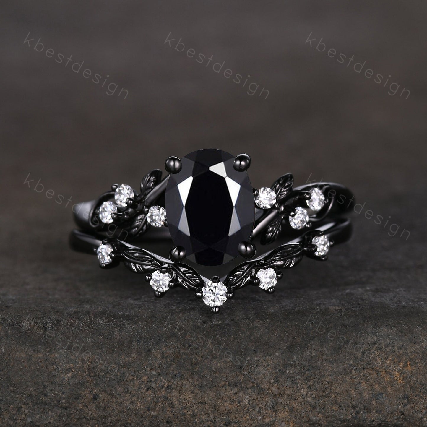 Gothic Black Gold Black Onyx Engagement Ring Set Twig Leaf Nature Inspired Rings Unique Rhodium Black Witchy Ring Oval Cut Bridal Ring Set