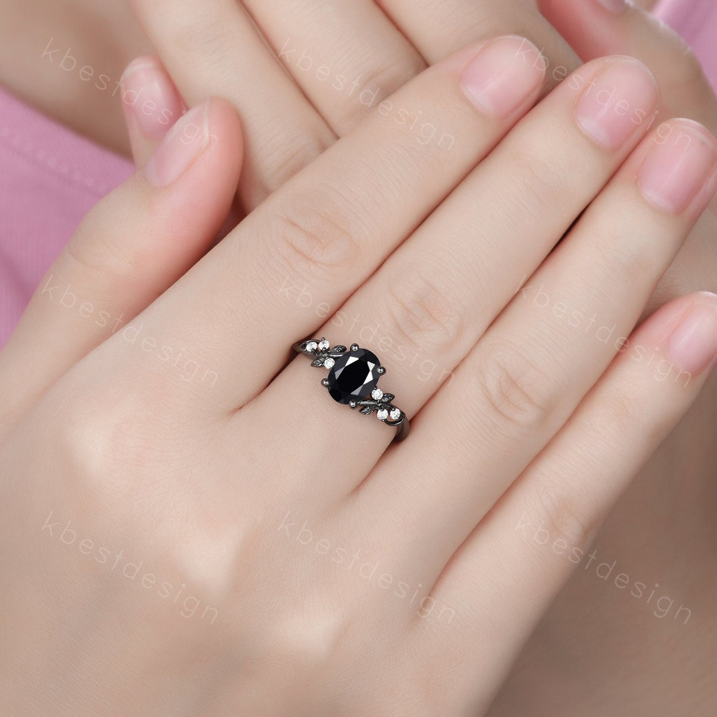 Gothic Black Gold Black Onyx Engagement Ring Set Twig Leaf Nature Inspired Rings Unique Rhodium Black Witchy Ring Oval Cut Bridal Ring Set