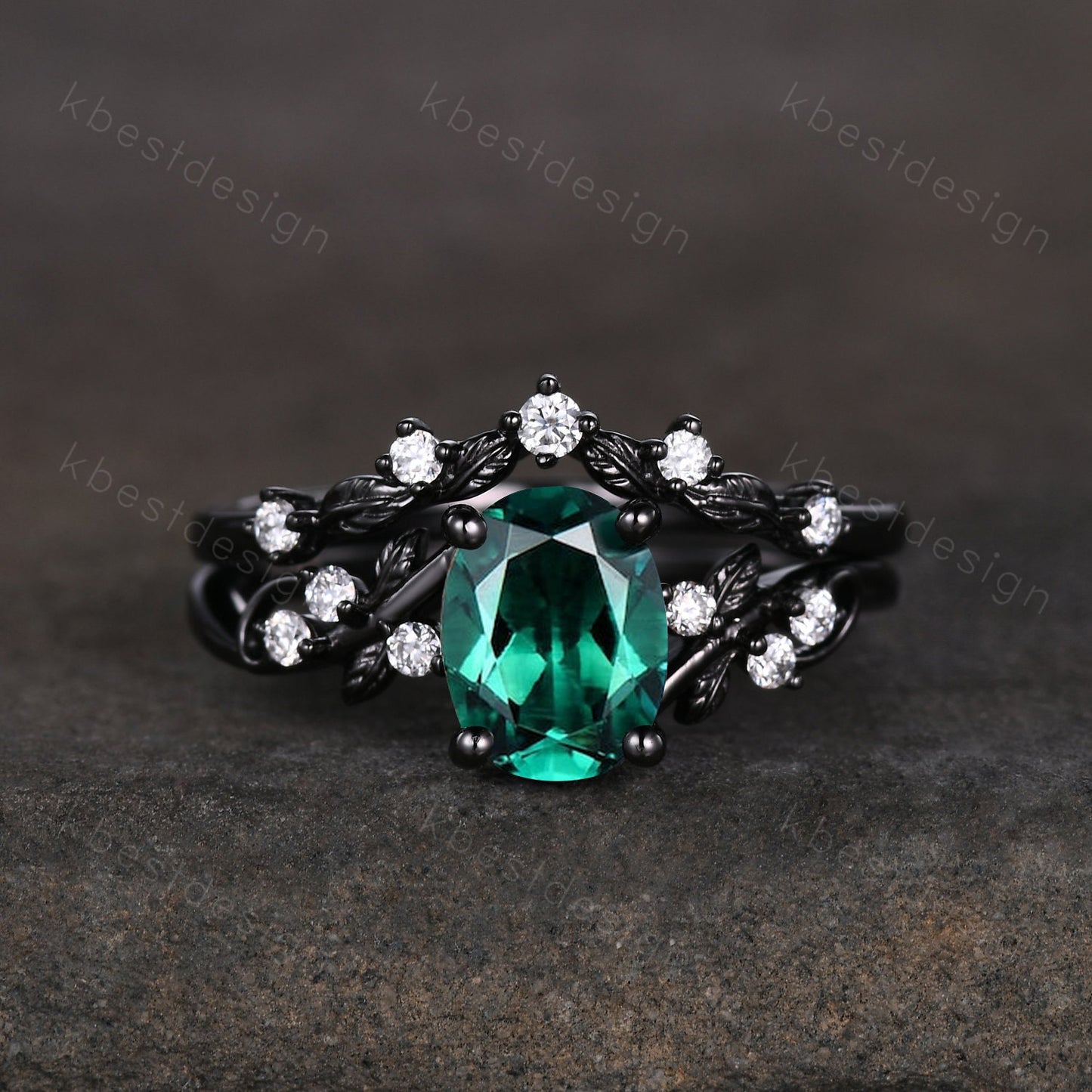 Oval cut green emerald engagement ring set black gold twig leaf engagement ring nature inspired wedding ring art deco moissanite ring set