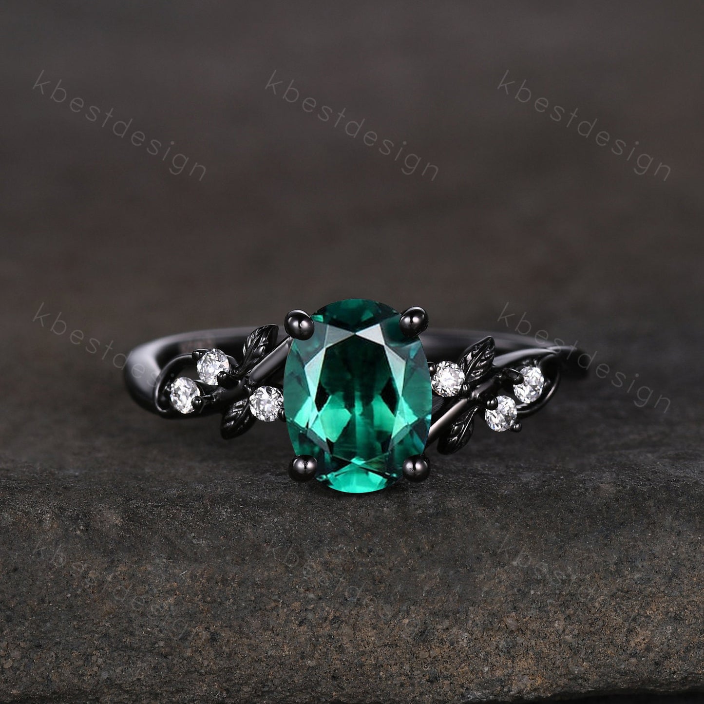 Oval cut green emerald engagement ring set black gold twig leaf engagement ring nature inspired wedding ring art deco moissanite ring set
