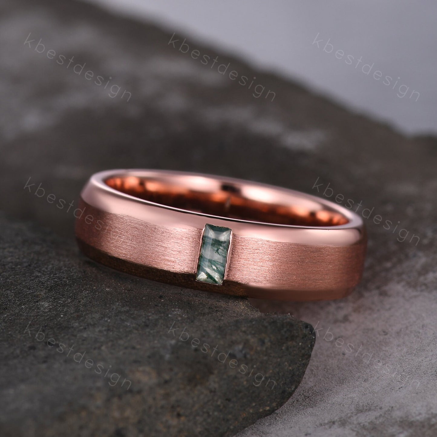 Mens Green Moss Agate Wedding Band, Bauette cut Bar Setting Green Moss Agate Mens Wedding Band, Solid Gold 10k/14k/18k Wedding Ring
