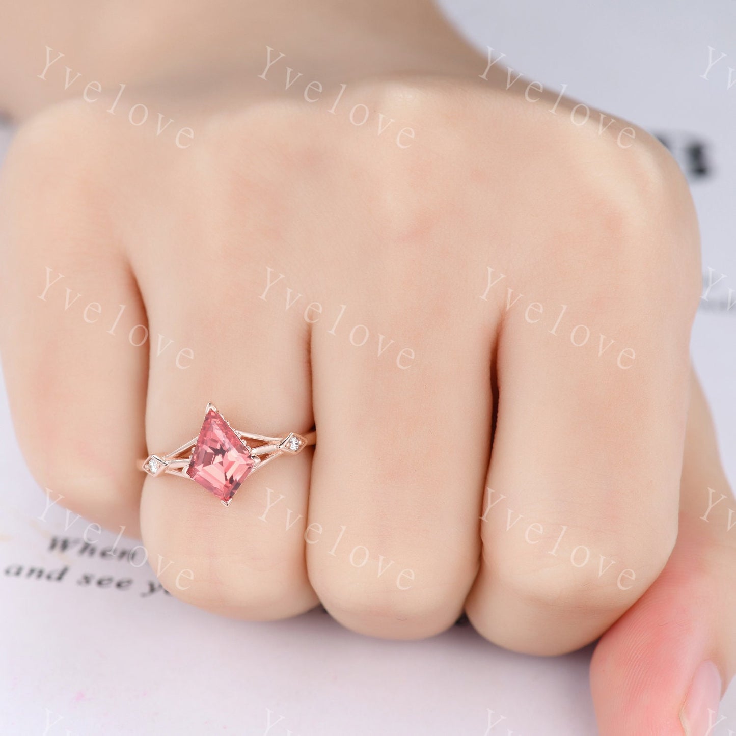 Vintage Kite Padparadscha Sapphire engagement ring set,art deco diamond women ring,Rose gold promise ring anniversary gift bridal ring