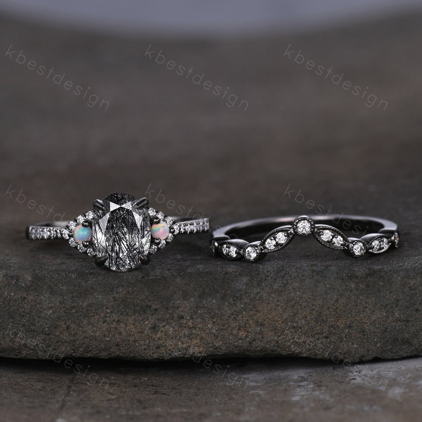 Oval cut Black Rutilated Quartz Engagement Ring Set Vintage Rhodium Black Gold Ring Art Deco Curved Stacking Band Unique Moissanite Ring Set