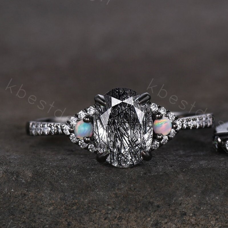 Oval cut Black Rutilated Quartz Engagement Ring Set Vintage Rhodium Black Gold Ring Art Deco Curved Stacking Band Unique Moissanite Ring Set