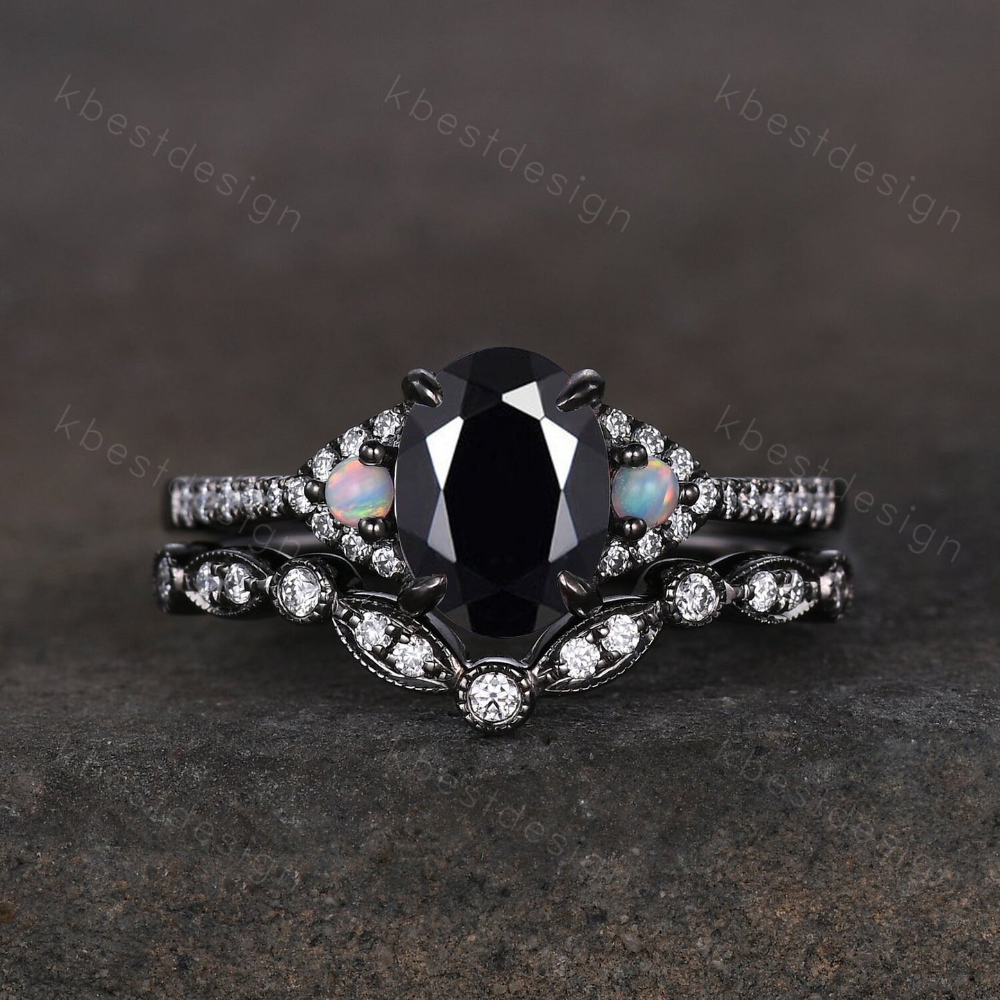 Vintage oval cut black onyx engagement ring unique rhodium black gold moissanite wedding ring set art deco bridal promise ring