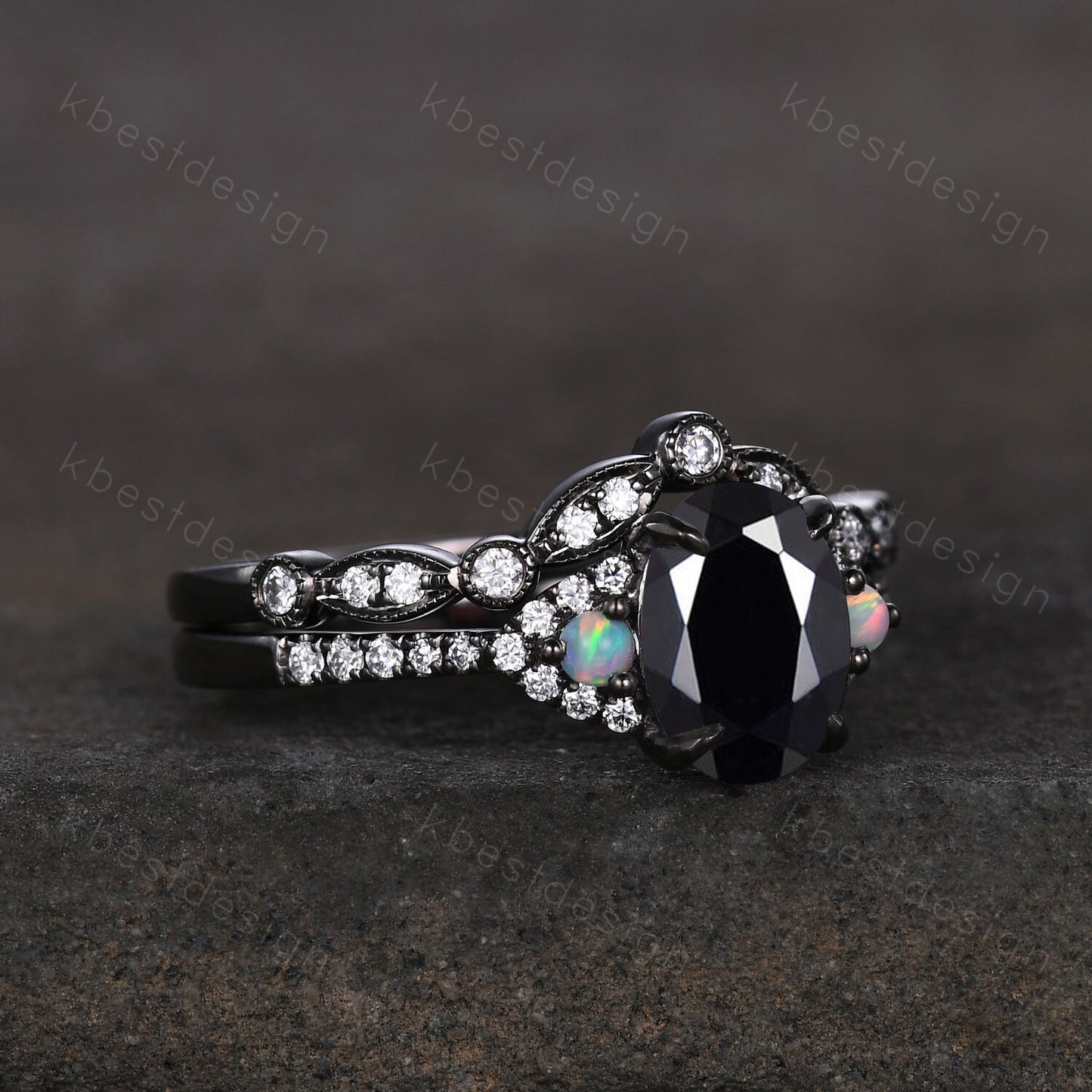 Vintage oval cut black onyx engagement ring unique rhodium black gold moissanite wedding ring set art deco bridal promise ring