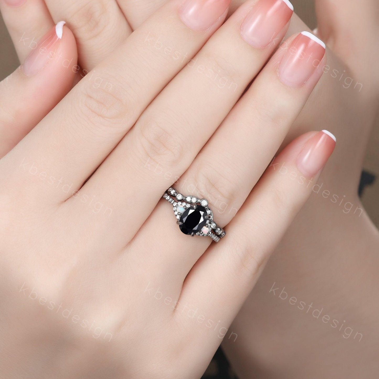 Vintage oval cut black onyx engagement ring unique rhodium black gold moissanite wedding ring set art deco bridal promise ring