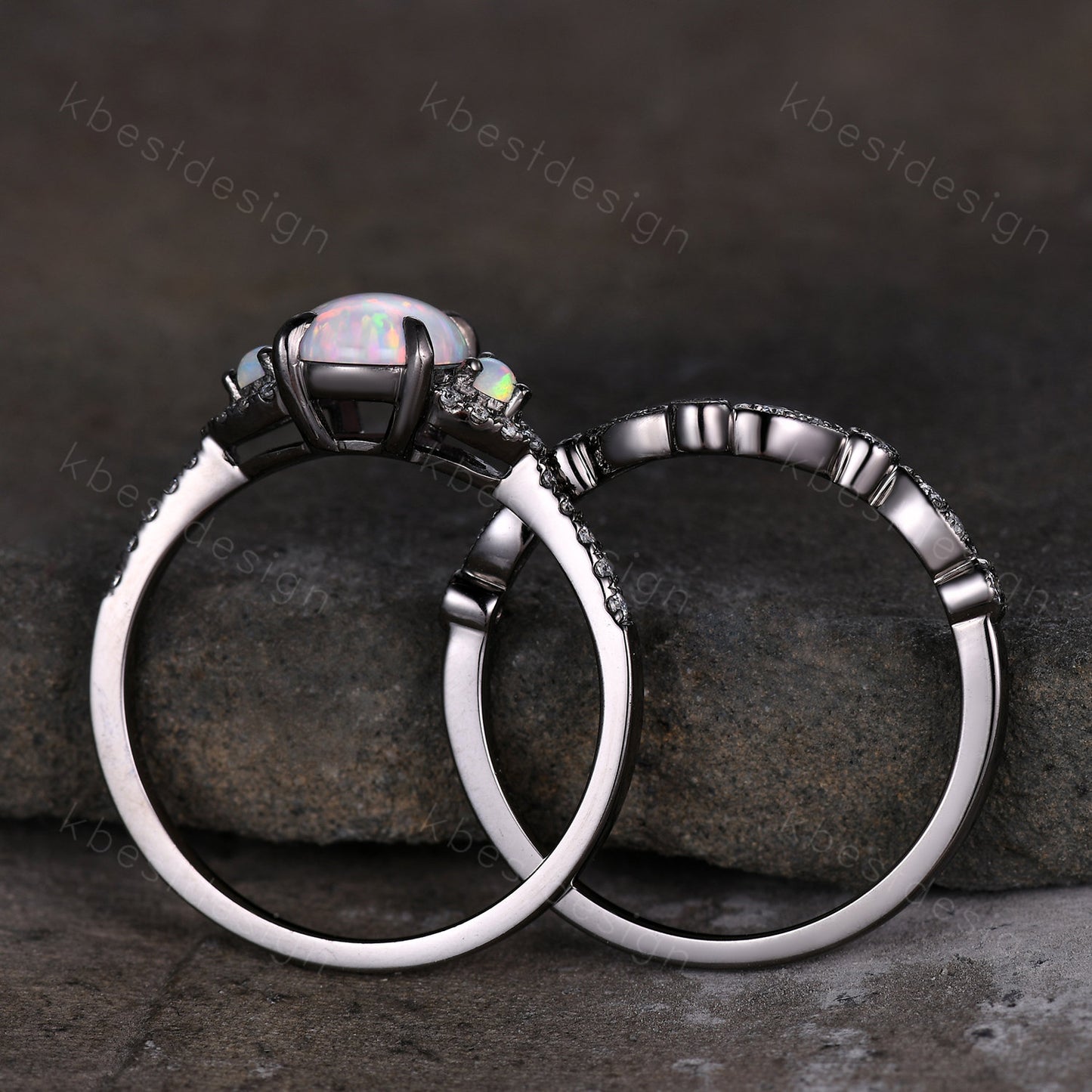 Vintage oval cut black onyx engagement ring unique rhodium black gold moissanite wedding ring set art deco bridal promise ring