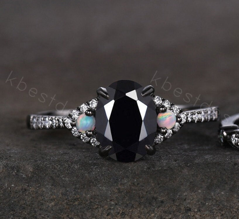 Vintage oval cut black onyx engagement ring unique rhodium black gold moissanite wedding ring set art deco bridal promise ring