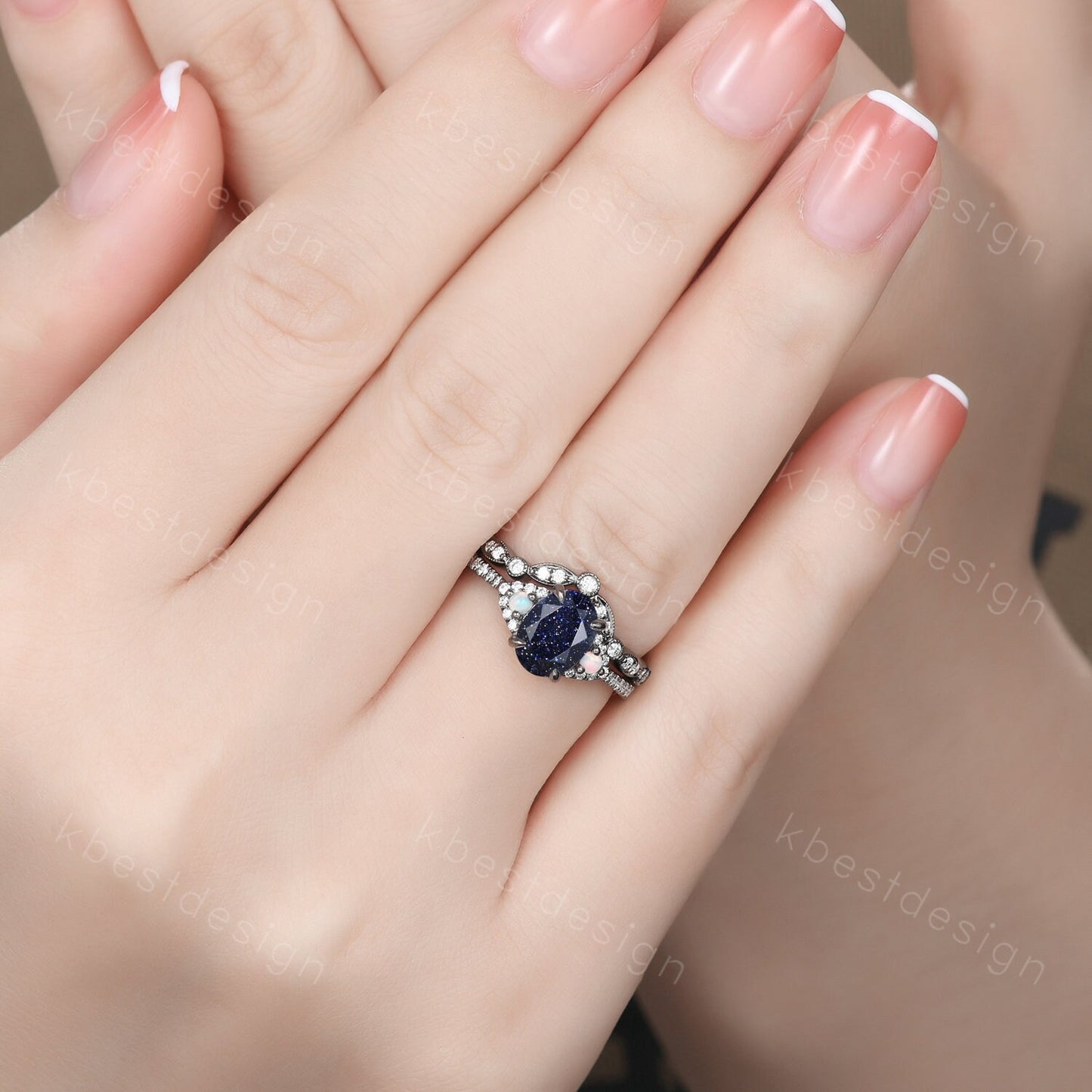 Vintage Blue Sandstone Engagement Ring set Unique Black Gold Oval cut Bridal set Art deco wedding band moissanite promise anniversary rings