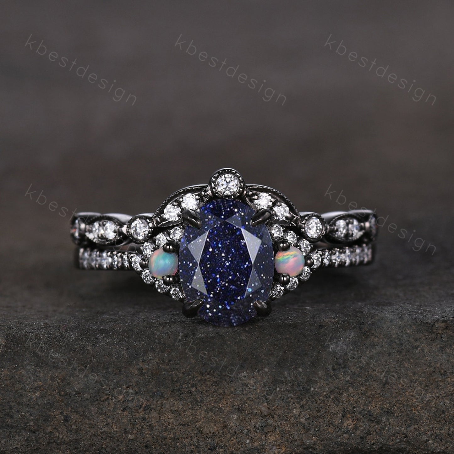 Vintage Blue Sandstone Engagement Ring set Unique Black Gold Oval cut Bridal set Art deco wedding band moissanite promise anniversary rings
