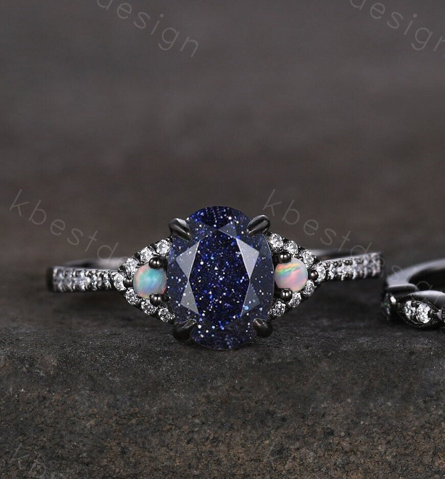 Vintage Blue Sandstone Engagement Ring set Unique Black Gold Oval cut Bridal set Art deco wedding band moissanite promise anniversary rings