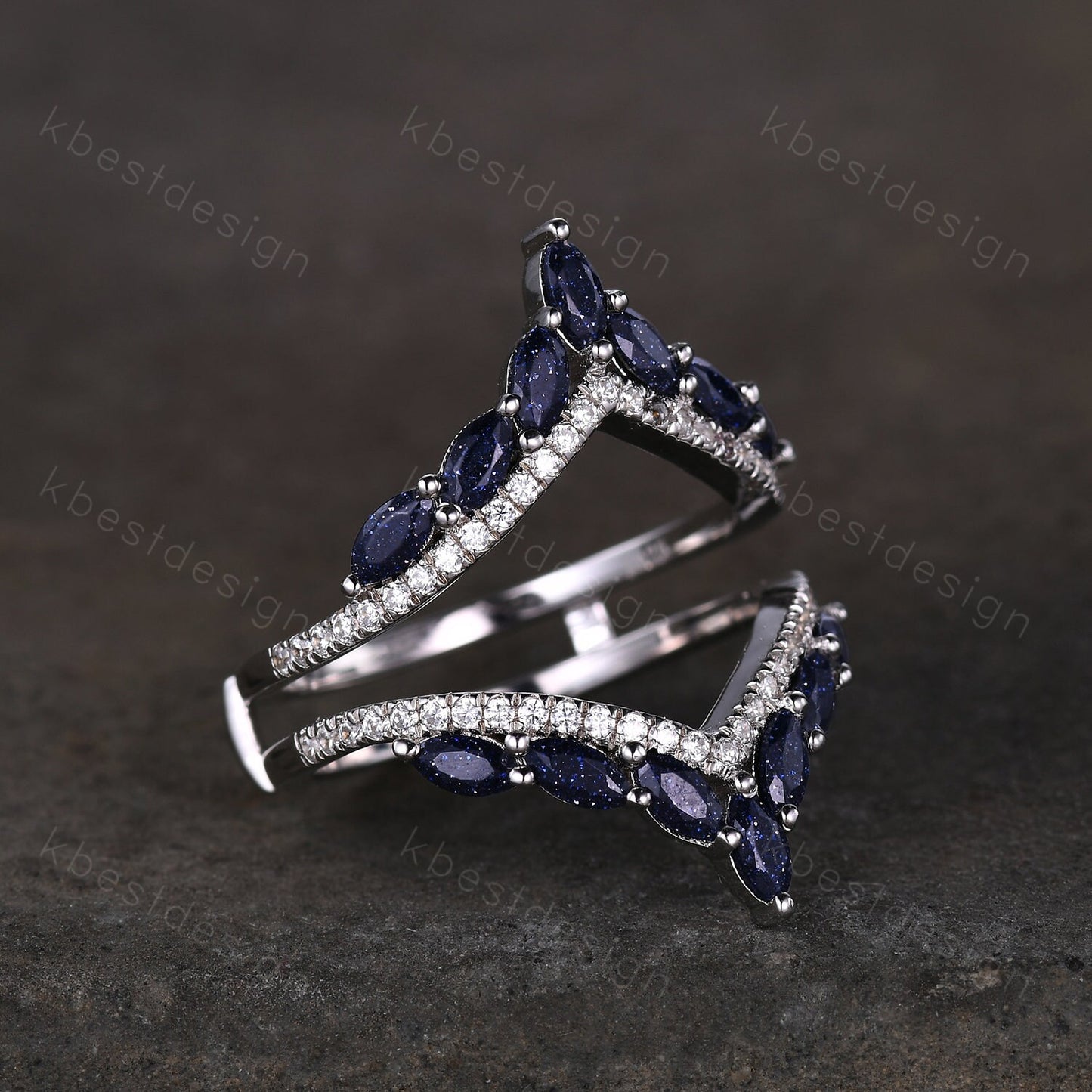 Vintage curved Blue Sandstone wedding band unique double curve stacking band marquise cut enhancer matching band Unique bridal promise gift