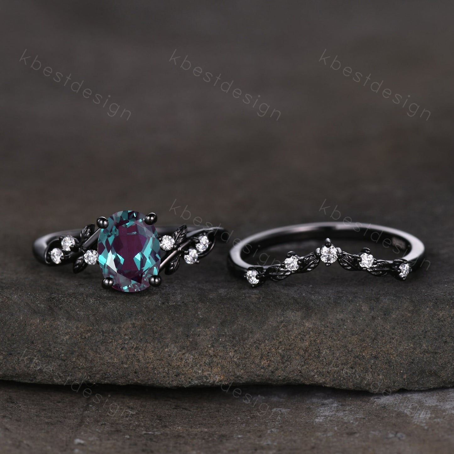 Vintage oval Alexandrite engagement ring set black gold twig leaf moissanite ring June birthstone unique art deco bridal wedding ring set