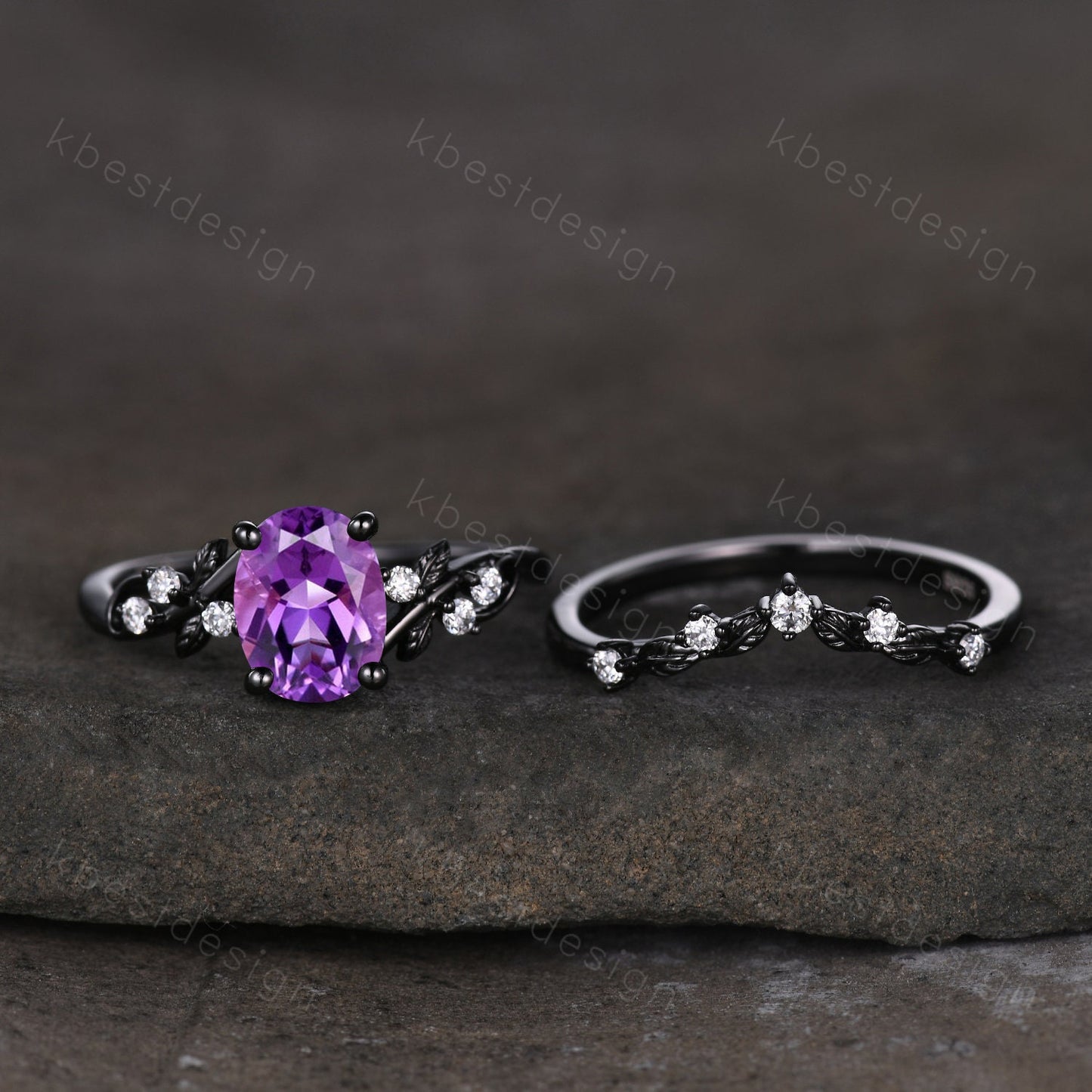 Vintage amethyst engagement ring set black gold twig leaf moissanite ring oval cut bridal ring set unique art deco promise anniversary ring