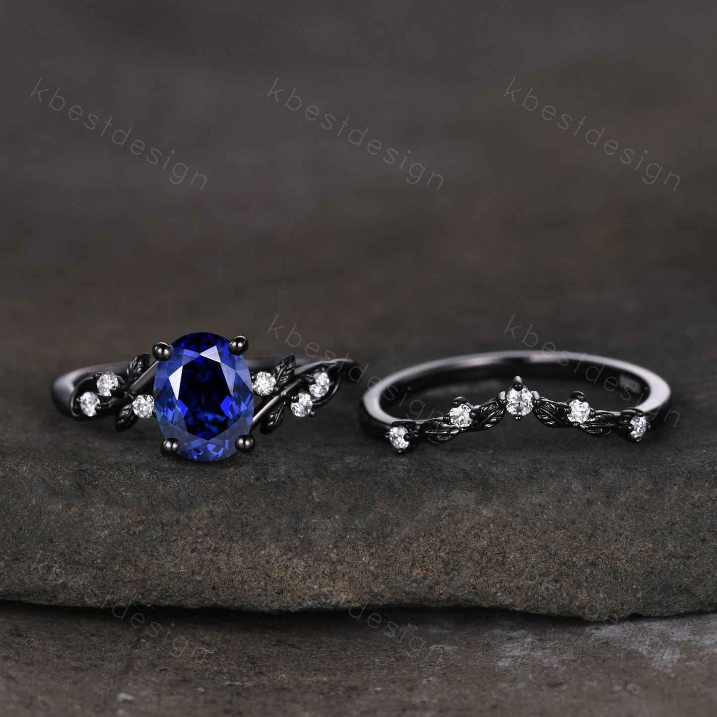 Vintage oval sapphire engagement ring set black gold twig leaf moissanite ring September ring unique art deco bridal wedding ring set