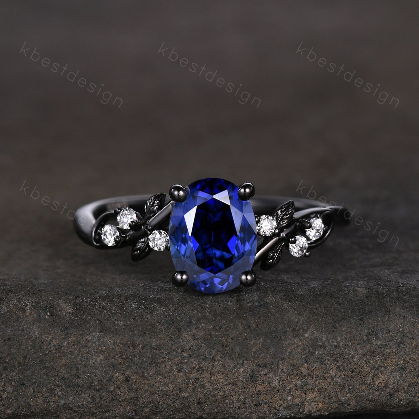 Vintage oval sapphire engagement ring set black gold twig leaf moissanite ring September ring unique art deco bridal wedding ring set