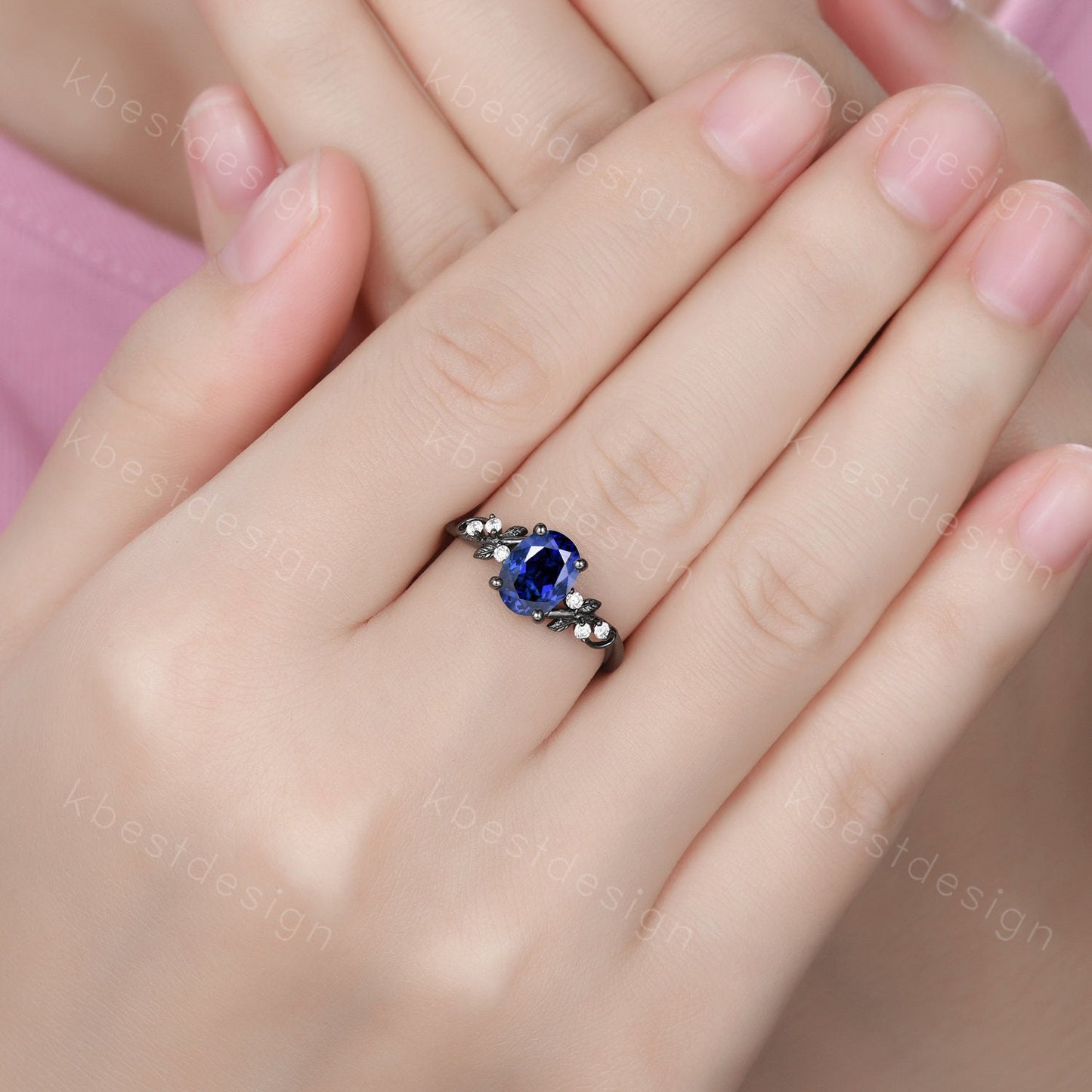Vintage oval sapphire engagement ring set black gold twig leaf moissanite ring September ring unique art deco bridal wedding ring set