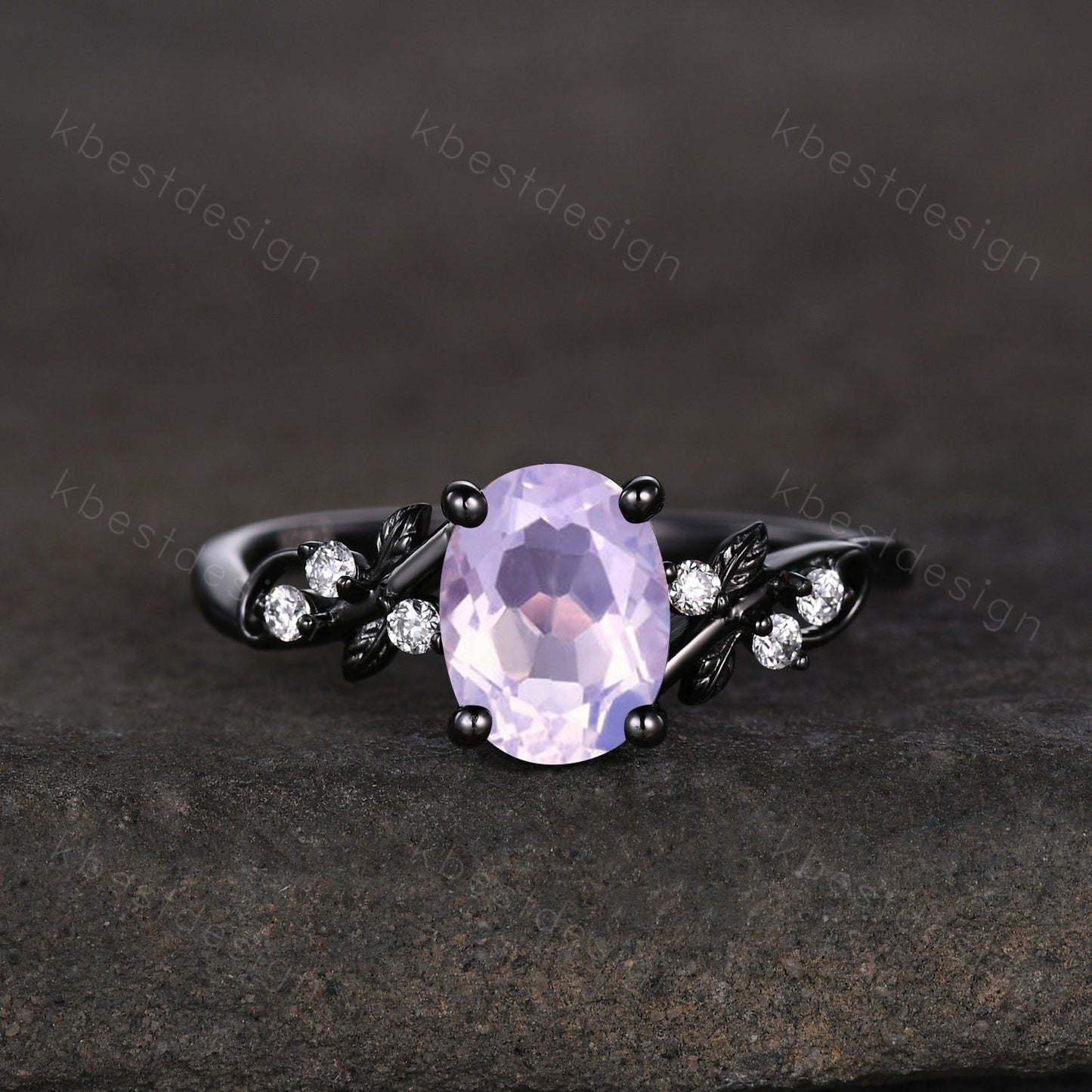 Oval cut Lavender Amethyst Engagement Ring Set Black Gold Rings Unique Art Deco Amethyst Ring For Women Twig Leaf Moissantie Wedding Ring