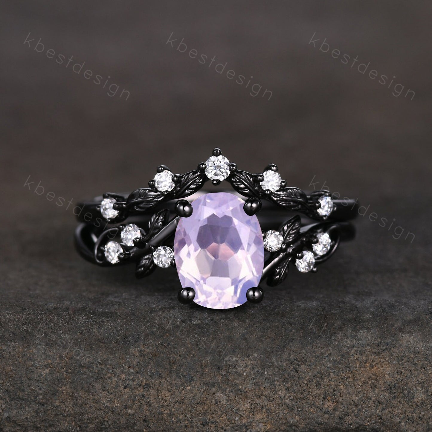 Oval cut Lavender Amethyst Engagement Ring Set Black Gold Rings Unique Art Deco Amethyst Ring For Women Twig Leaf Moissantie Wedding Ring