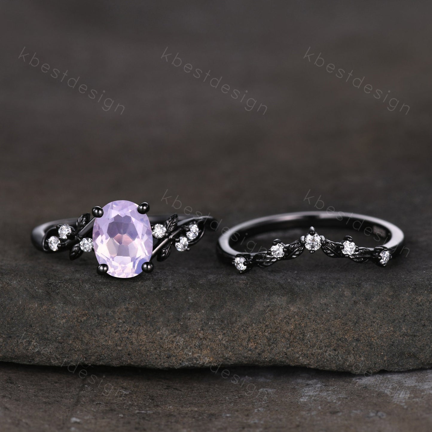 Oval cut Lavender Amethyst Engagement Ring Set Black Gold Rings Unique Art Deco Amethyst Ring For Women Twig Leaf Moissantie Wedding Ring