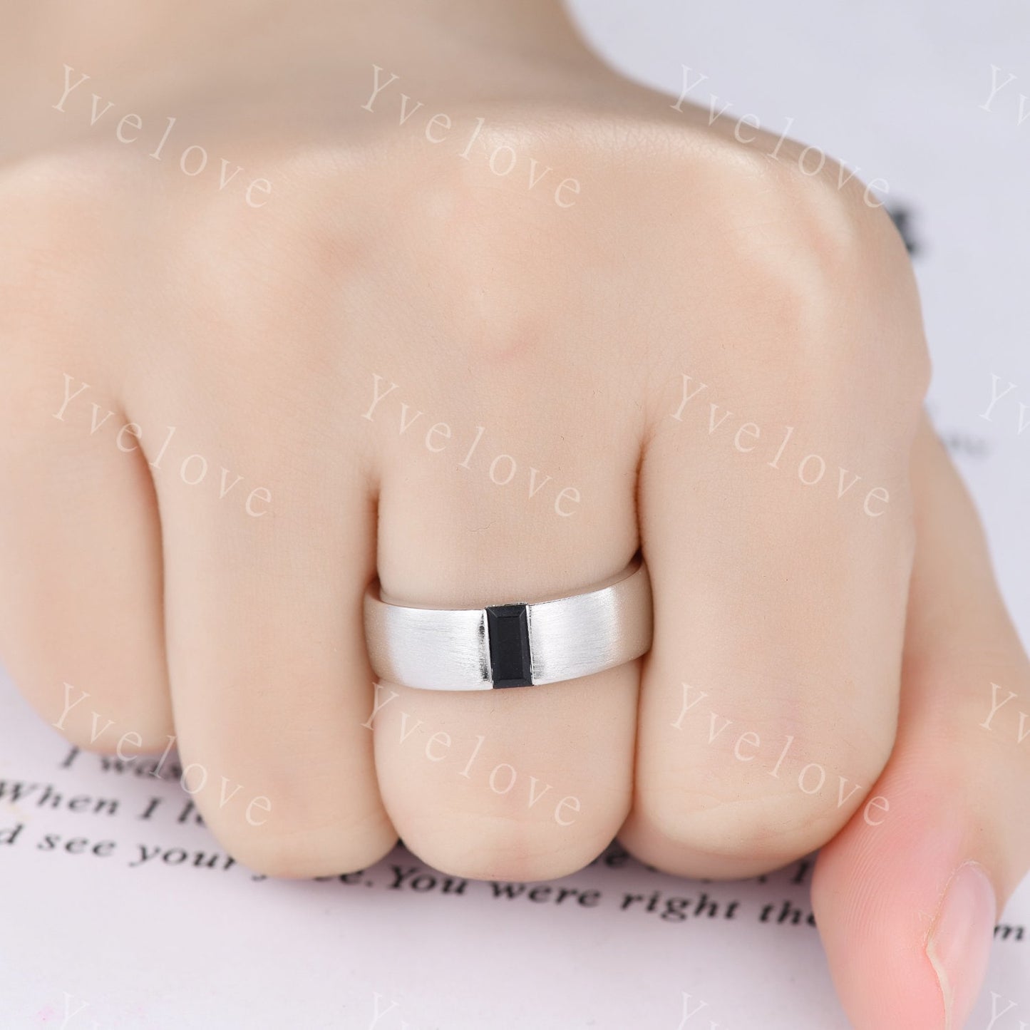6mm Mens Black Onyx Wedding Band Brushed Baguette Black Onyx Ring Platinum Ring Men Stacking Matching Band Retro Vintage Gift For Husband