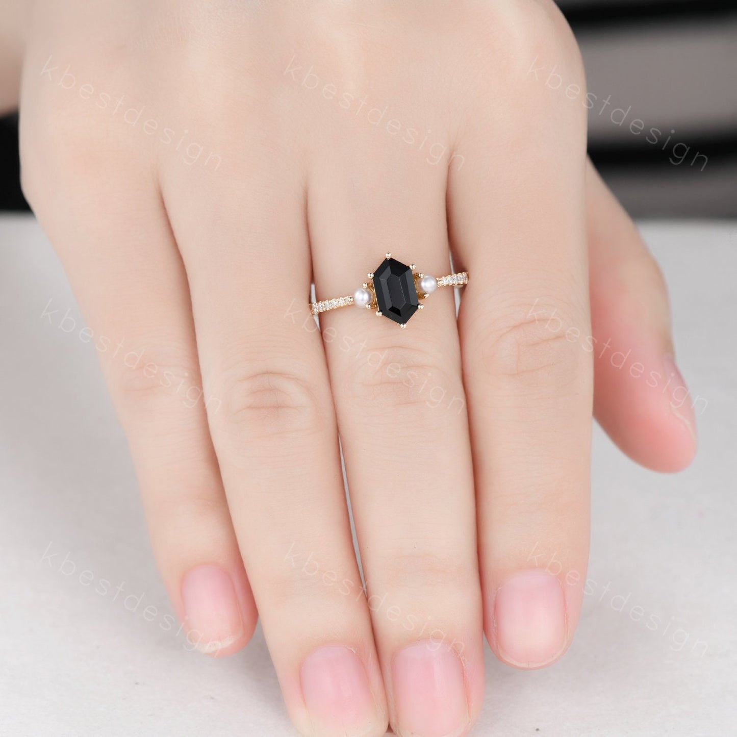 Retro vintage black onyx ring solid gold hexagon cut engagement ring unique pearl three stone ring unique black gemstone promise gift