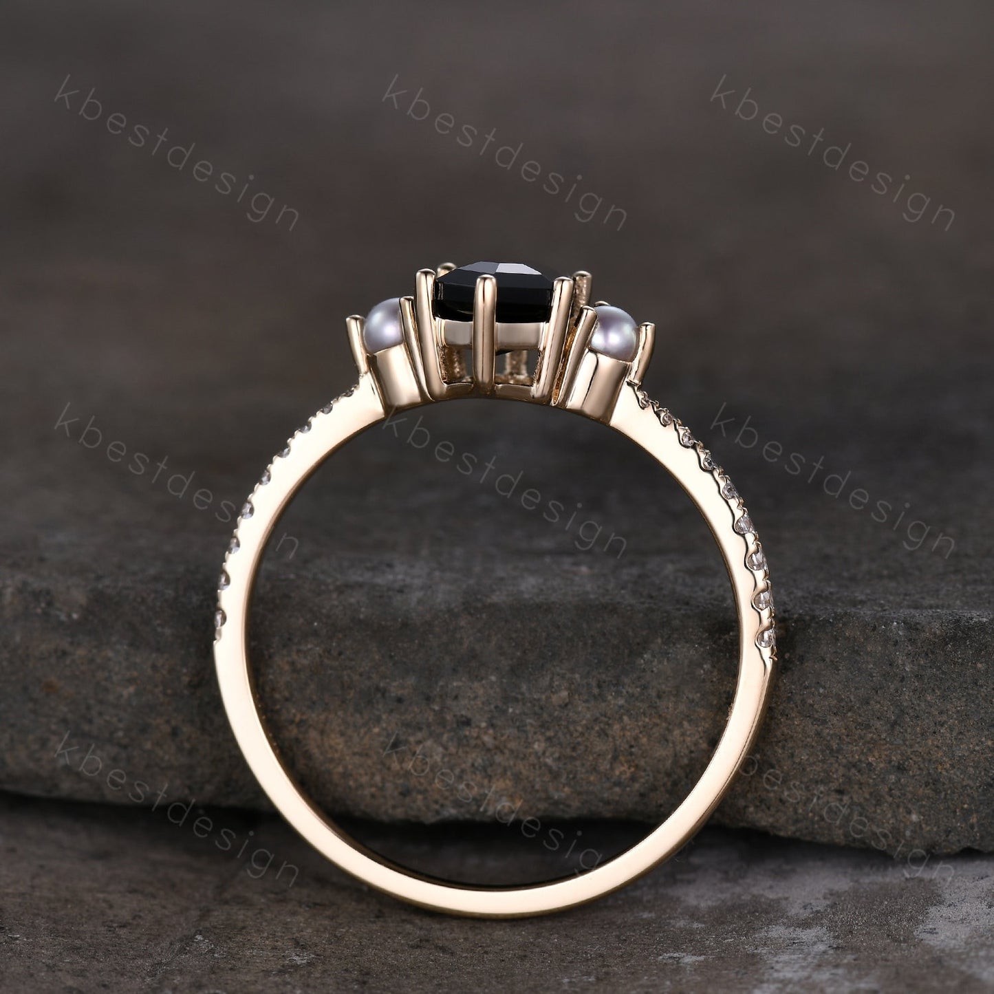 Retro vintage black onyx ring solid gold hexagon cut engagement ring unique pearl three stone ring unique black gemstone promise gift