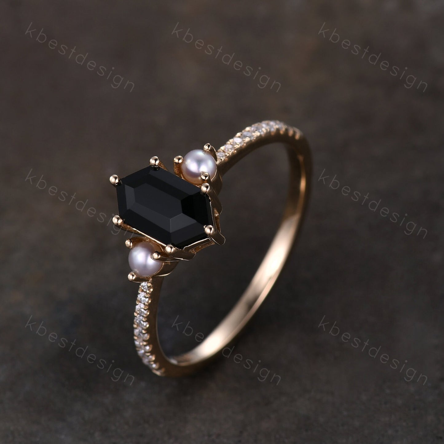 Retro vintage black onyx ring solid gold hexagon cut engagement ring unique pearl three stone ring unique black gemstone promise gift
