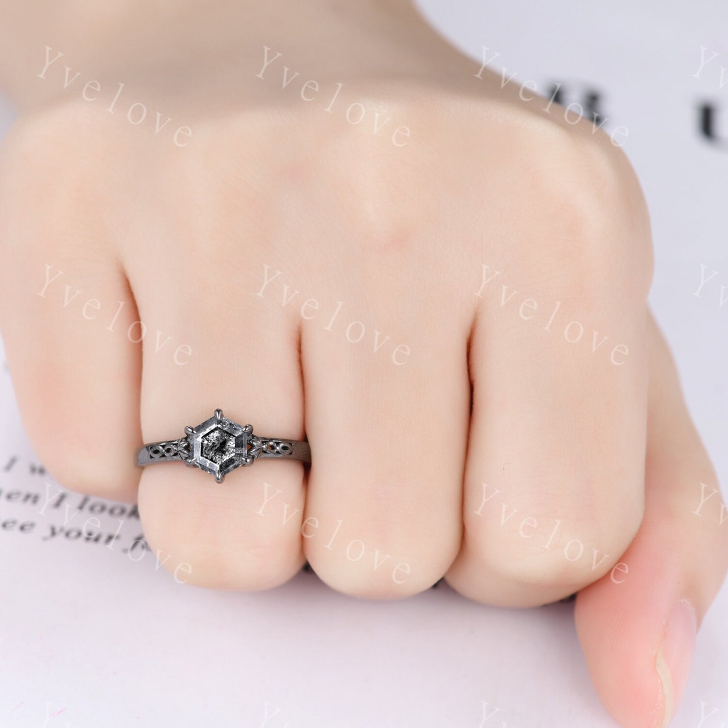 Hexagon Shaped Salt and Pepper Diamond Engagement Ring Set Vintage Black Gem Wedding Ring Enhancer Band Art Deco Bridal Ring Set For Women