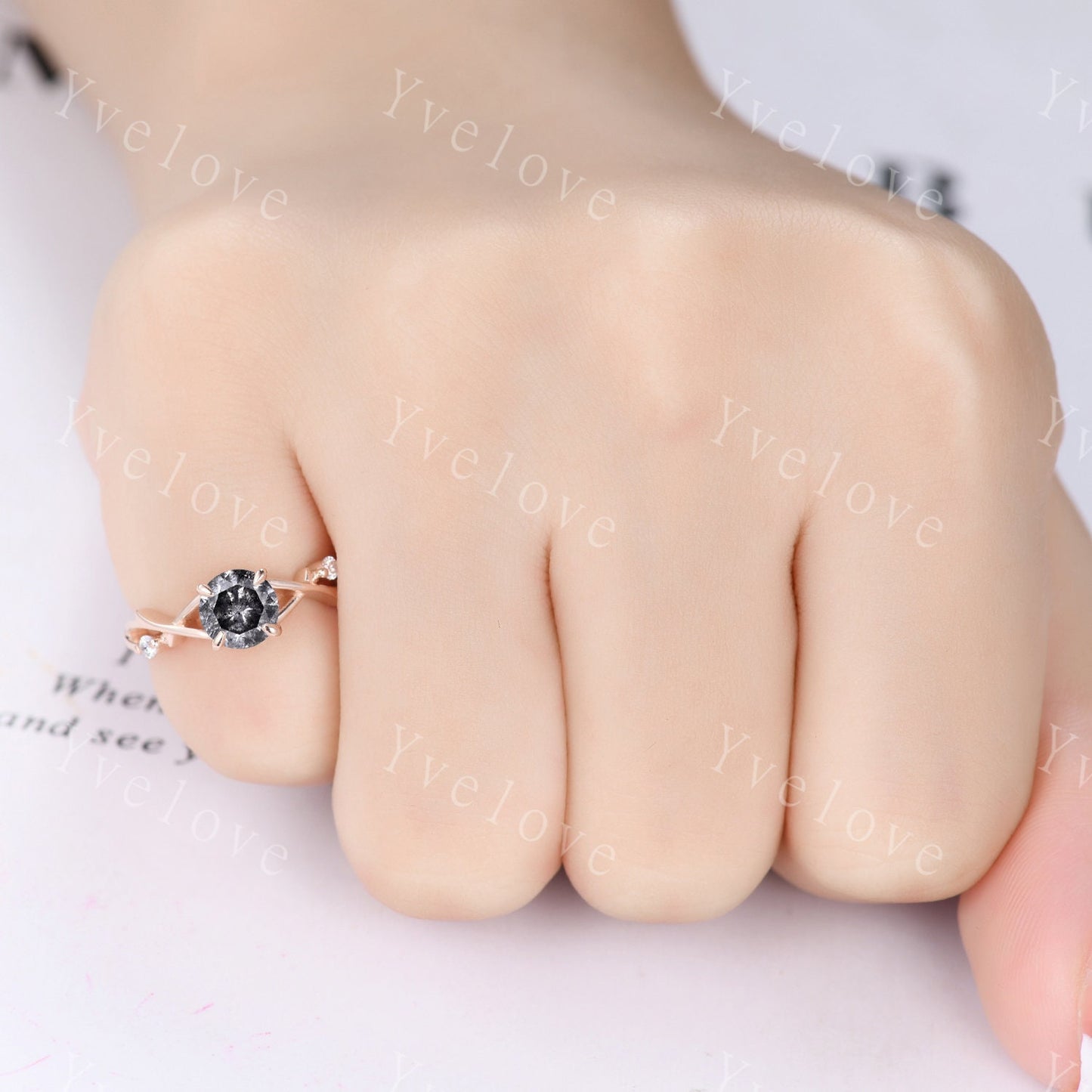 Custom order, replace the main stone to black rutilated quartz, moissanite as the side stones, a set, platinum.