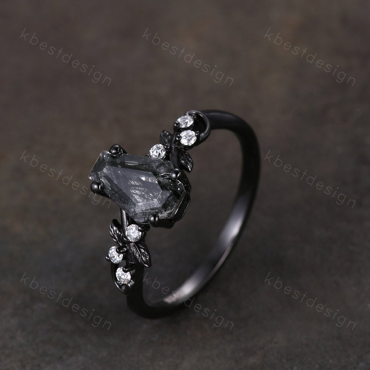 Coffin cut black rutilated quartz engagement ring Gothic Black gold ring Art deco leaf design moissanite Bridal ring Unique twist ring