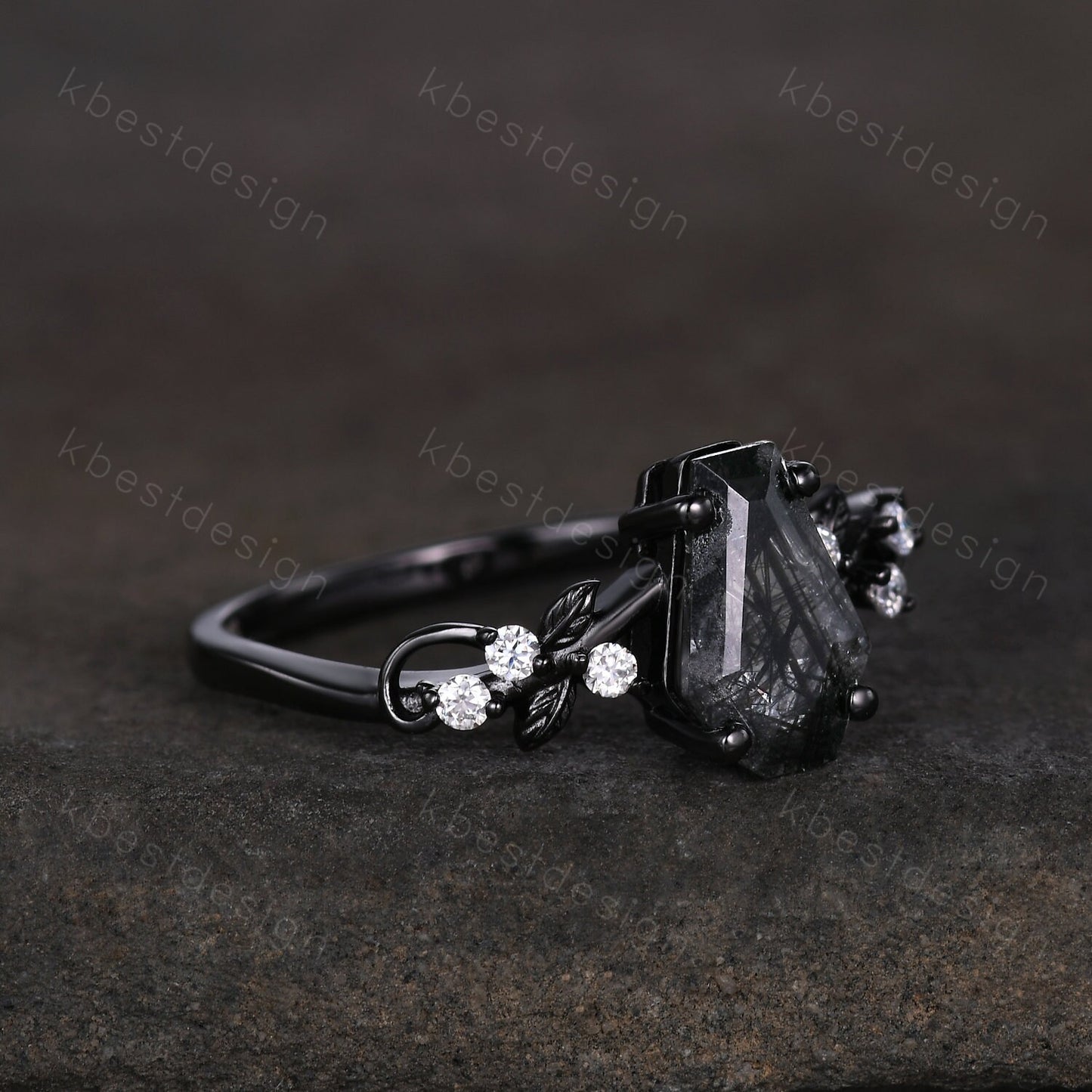 Coffin cut black rutilated quartz engagement ring Gothic Black gold ring Art deco leaf design moissanite Bridal ring Unique twist ring