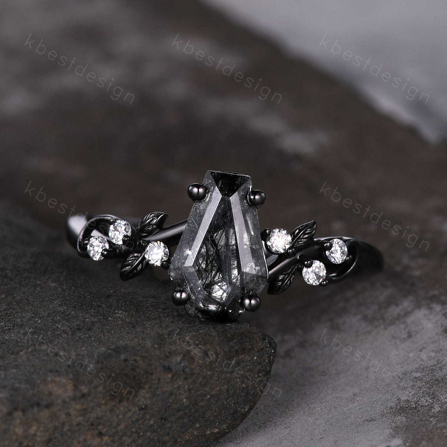Coffin cut black rutilated quartz engagement ring Gothic Black gold ring Art deco leaf design moissanite Bridal ring Unique twist ring