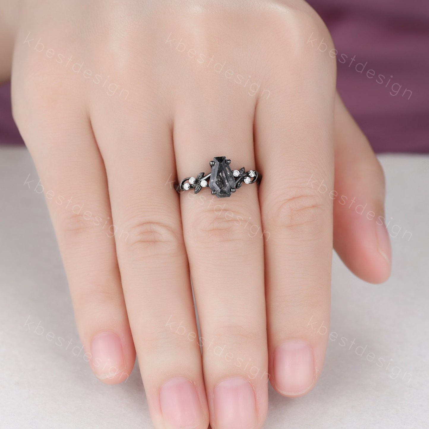 Coffin cut black rutilated quartz engagement ring Gothic Black gold ring Art deco leaf design moissanite Bridal ring Unique twist ring