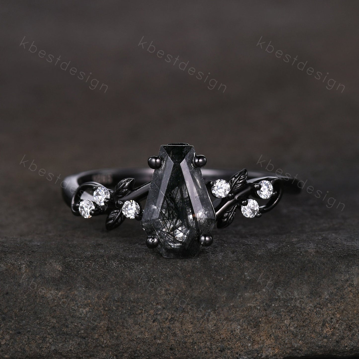 Coffin cut black rutilated quartz engagement ring Gothic Black gold ring Art deco leaf design moissanite Bridal ring Unique twist ring